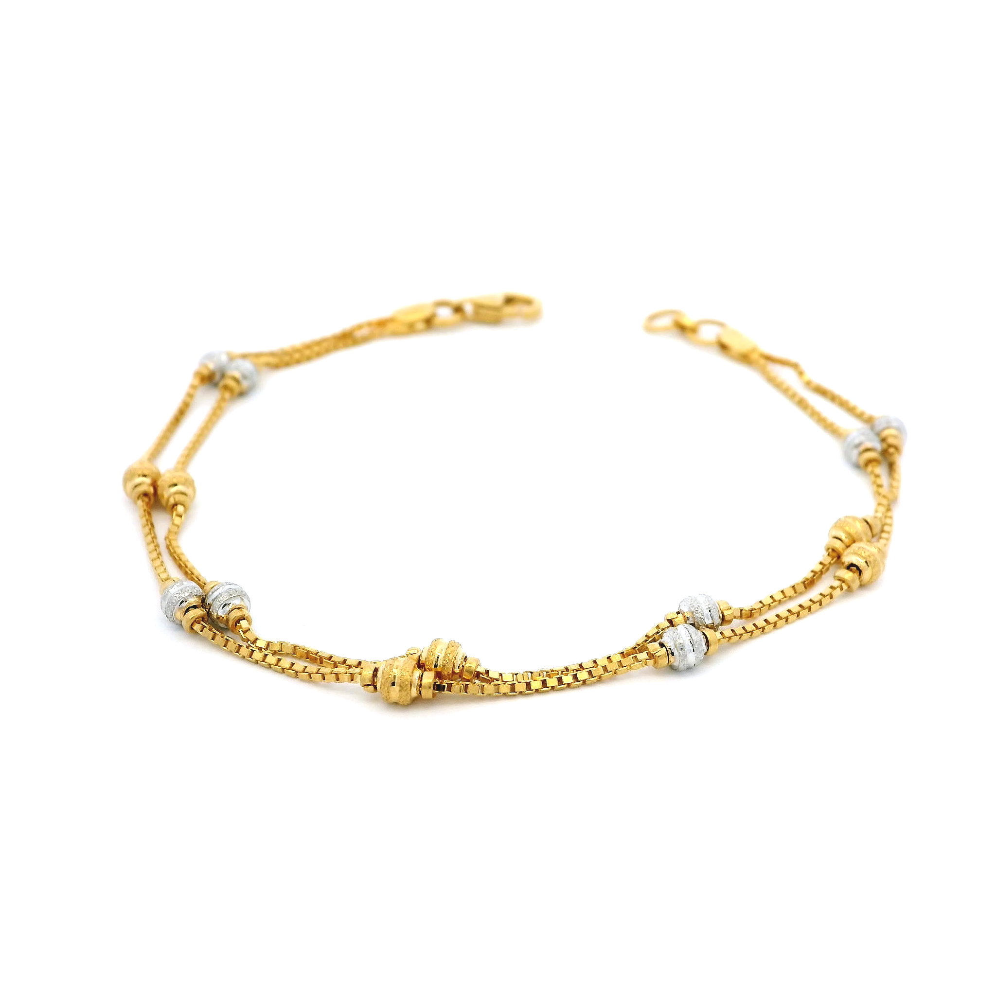 22ct Yellow Gold Two Row Box Chain Bracelet with Rhodium-Plated Diamond-Cut Beads & Lobster Claw Clasp – Elegant and Durable Jewellery