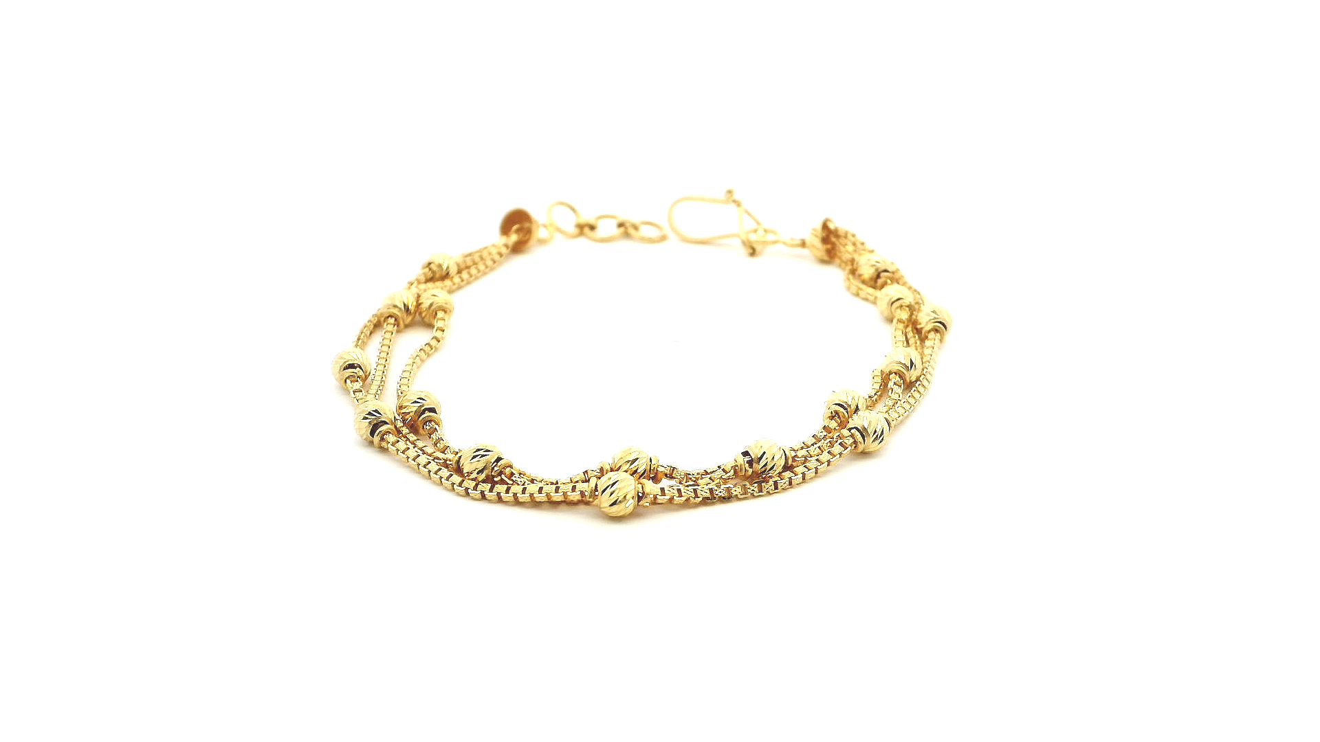 22ct Yellow Gold Ladies Three-Row Box Chain Bracelet with Diamond-Cut Beads & U Hook Clasp - Elegant Jewellery Gift