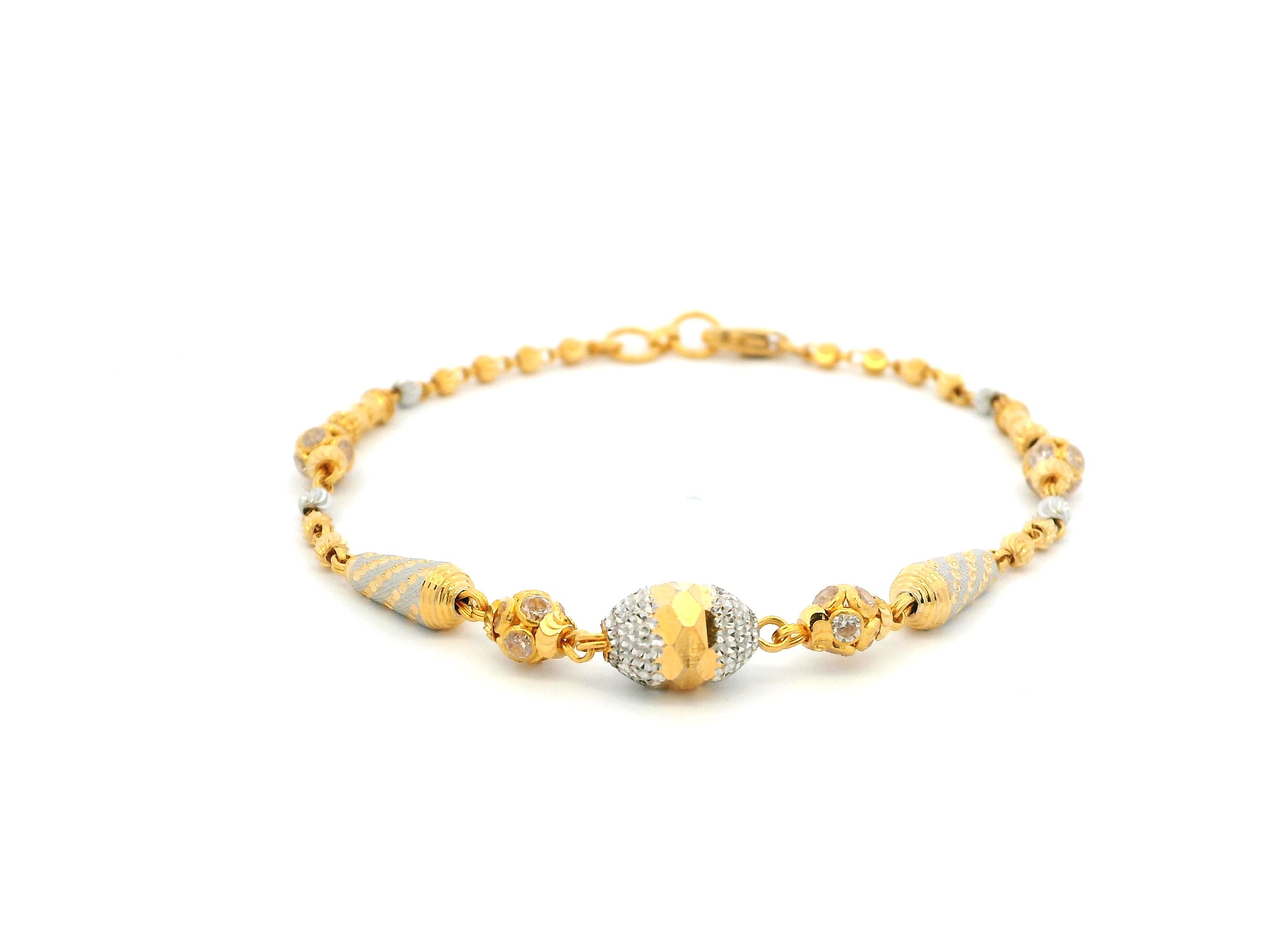 22ct Gold Bracelet with Rhodium-Plated Diamond-Cut Beads, Cubic Zirconia & Lobster Claw Clasp – Stunning Gold Jewellery for Women