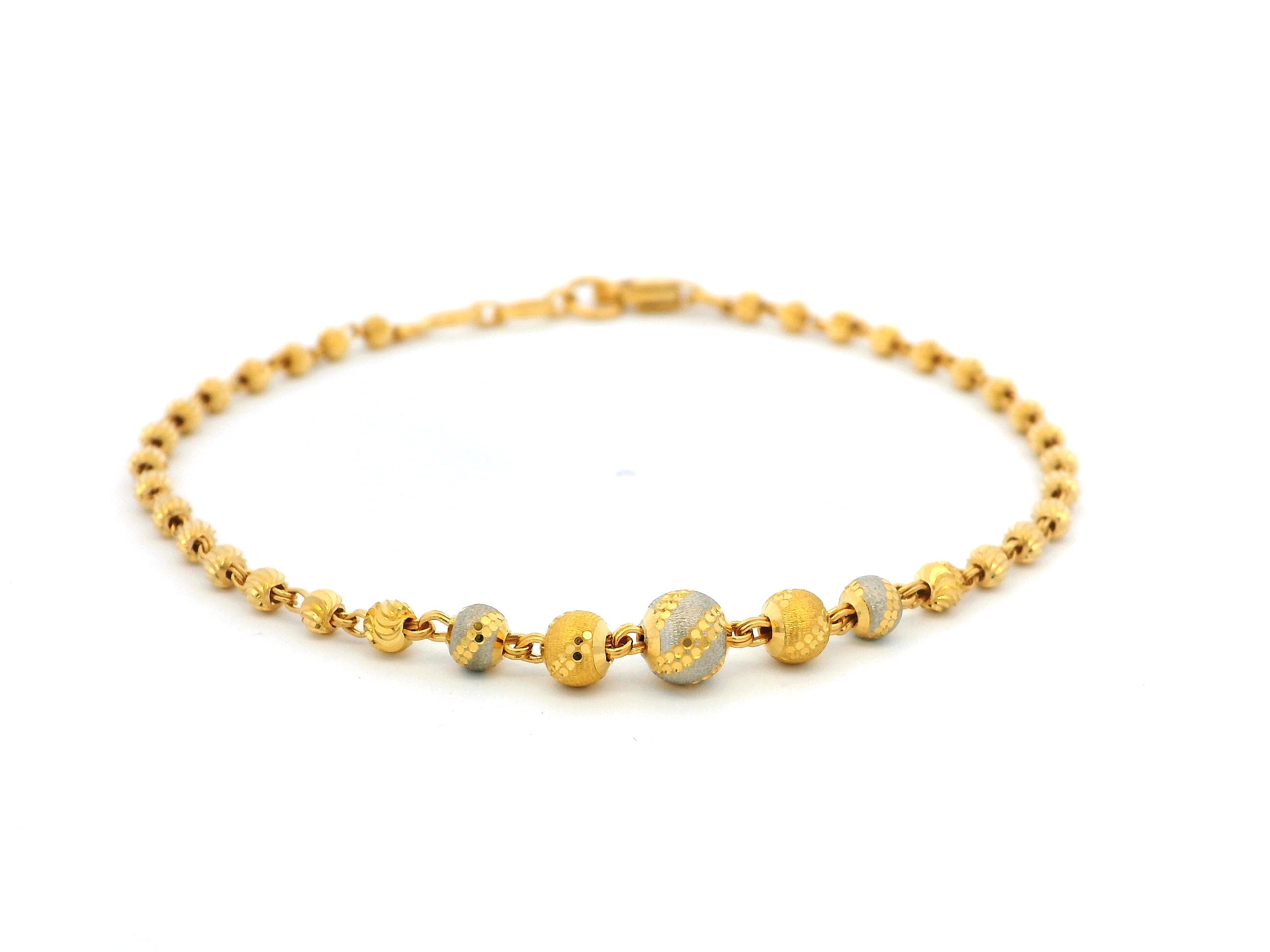 22ct Gold Bracelet with Rhodium Plated Diamond-Cut Beads and Lobster Claw Clasp