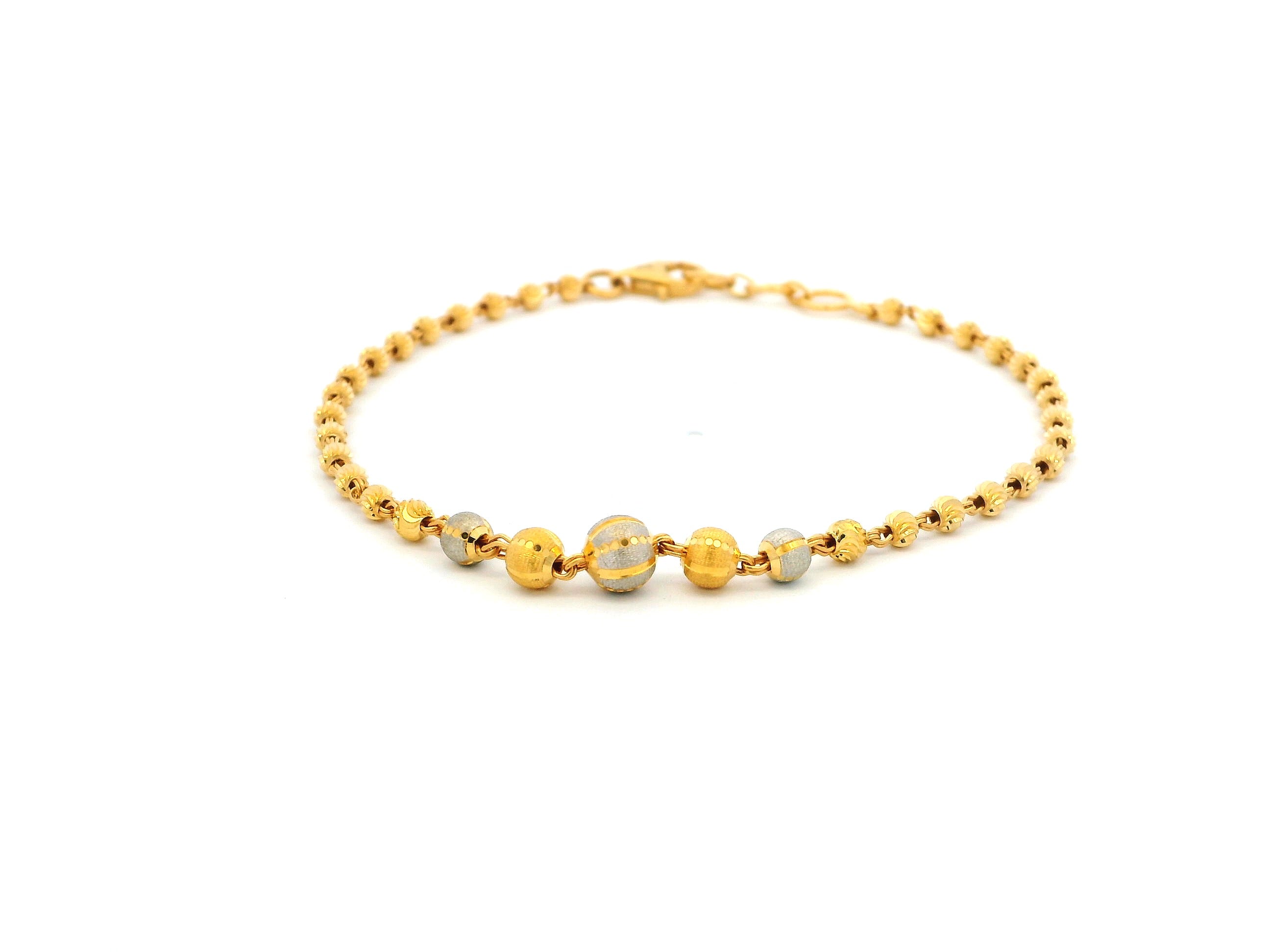 22ct Gold Bracelet with Rhodium-Plated Diamond-Cut Beads & Lobster Claw Clasp – Elegant Fine Jewellery