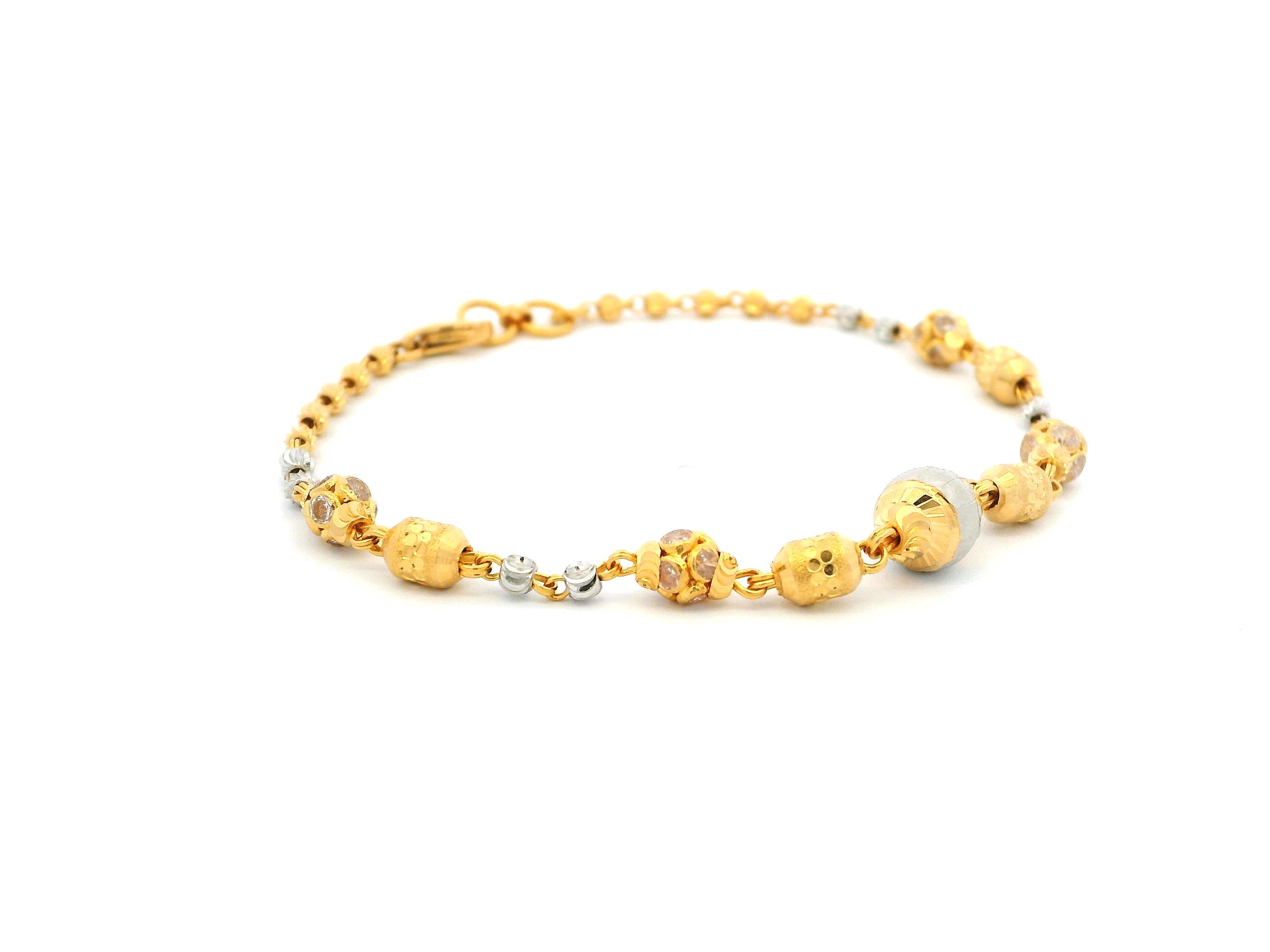 22ct Gold Bracelet with Rhodium-Plated Diamond-Cut Beads, Cubic Zirconia & Lobster Clasp | Luxurious & Elegant Jewellery