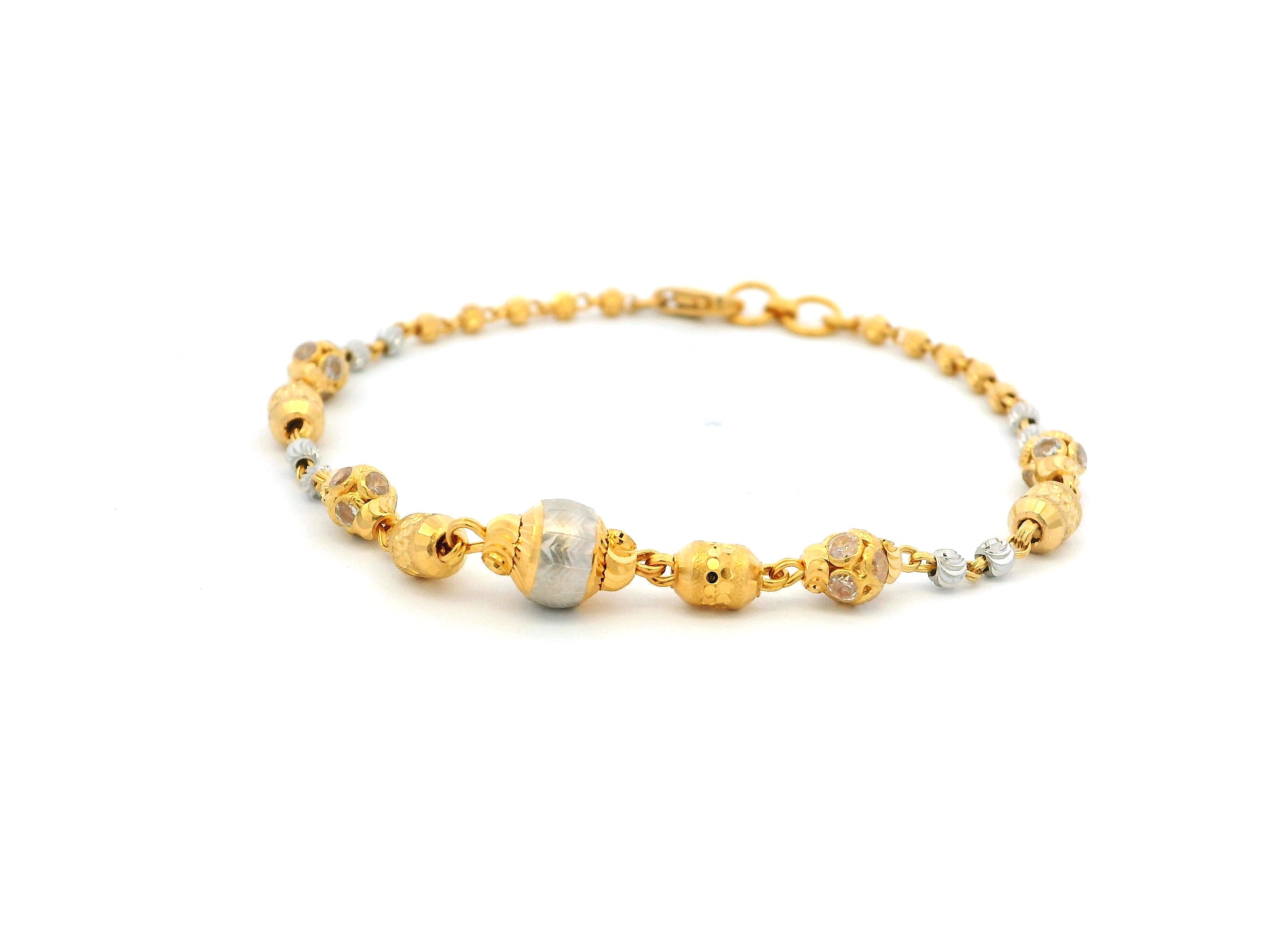 22ct Gold Bracelet with Rhodium-Plated Diamond-Cut Beads, Cubic Zirconia & Lobster Clasp | Luxurious & Elegant Jewellery