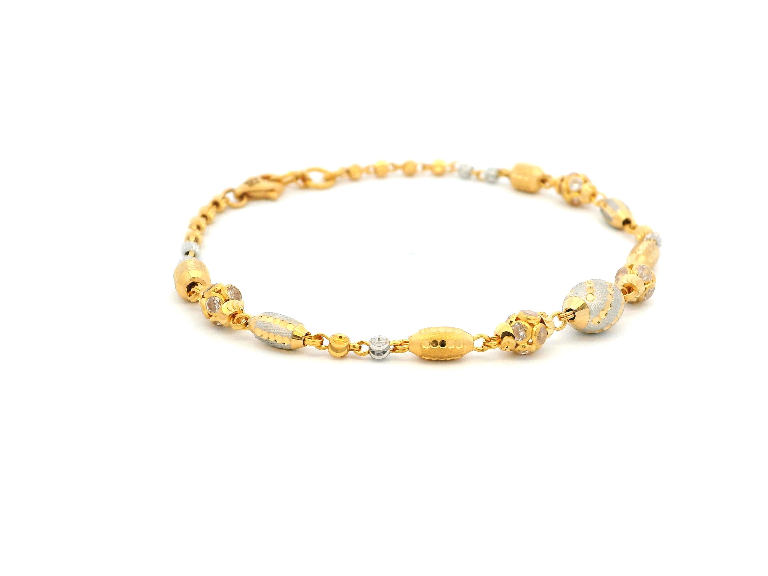 22ct Gold Bracelet with Rhodium-Plated Diamond-Cut Beads & Cubic Zirconia | Elegant Lobster Clasp Design