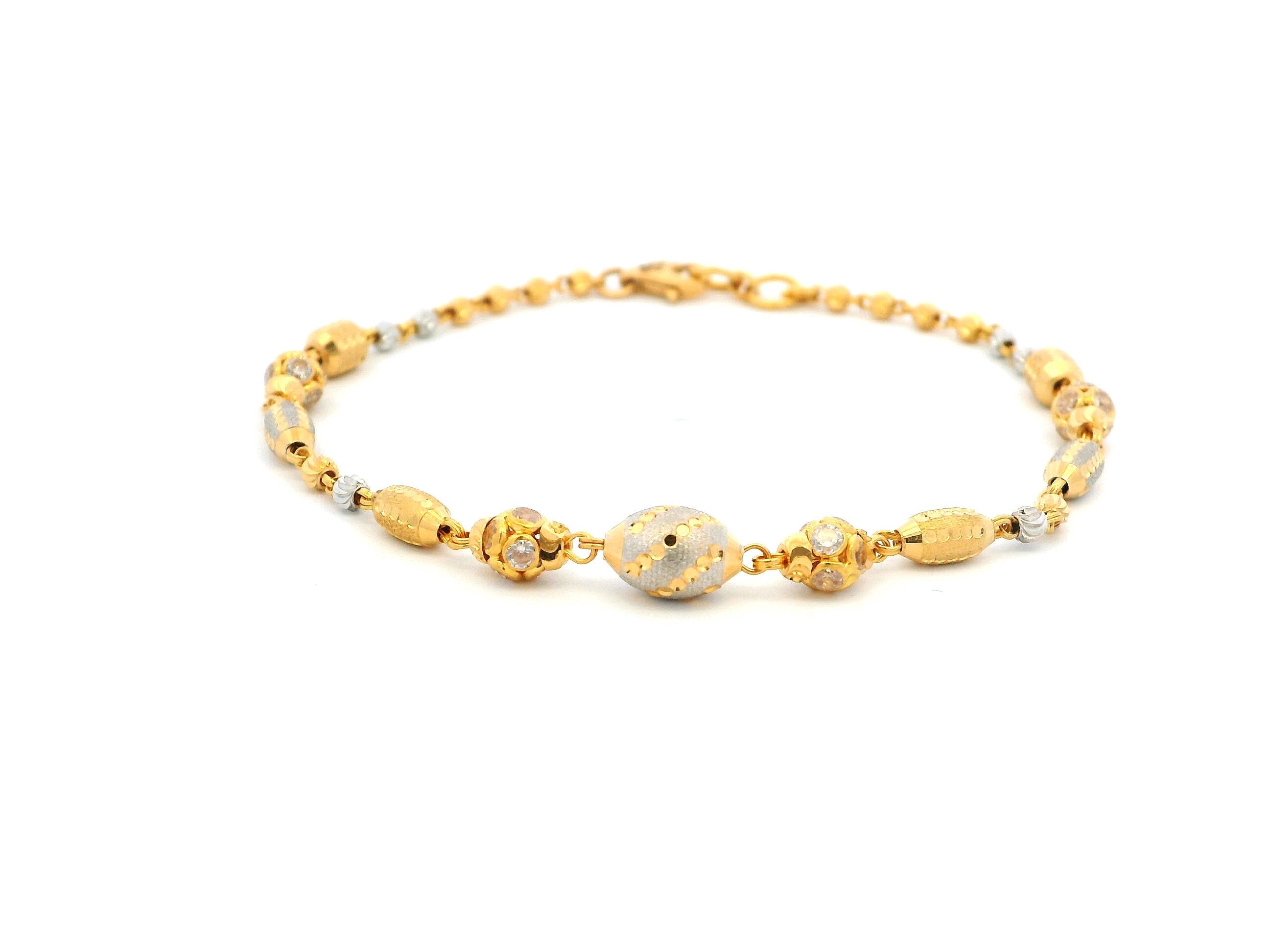 22ct Gold Bracelet with Rhodium-Plated Diamond-Cut Beads & Cubic Zirconia | Elegant Lobster Clasp Design