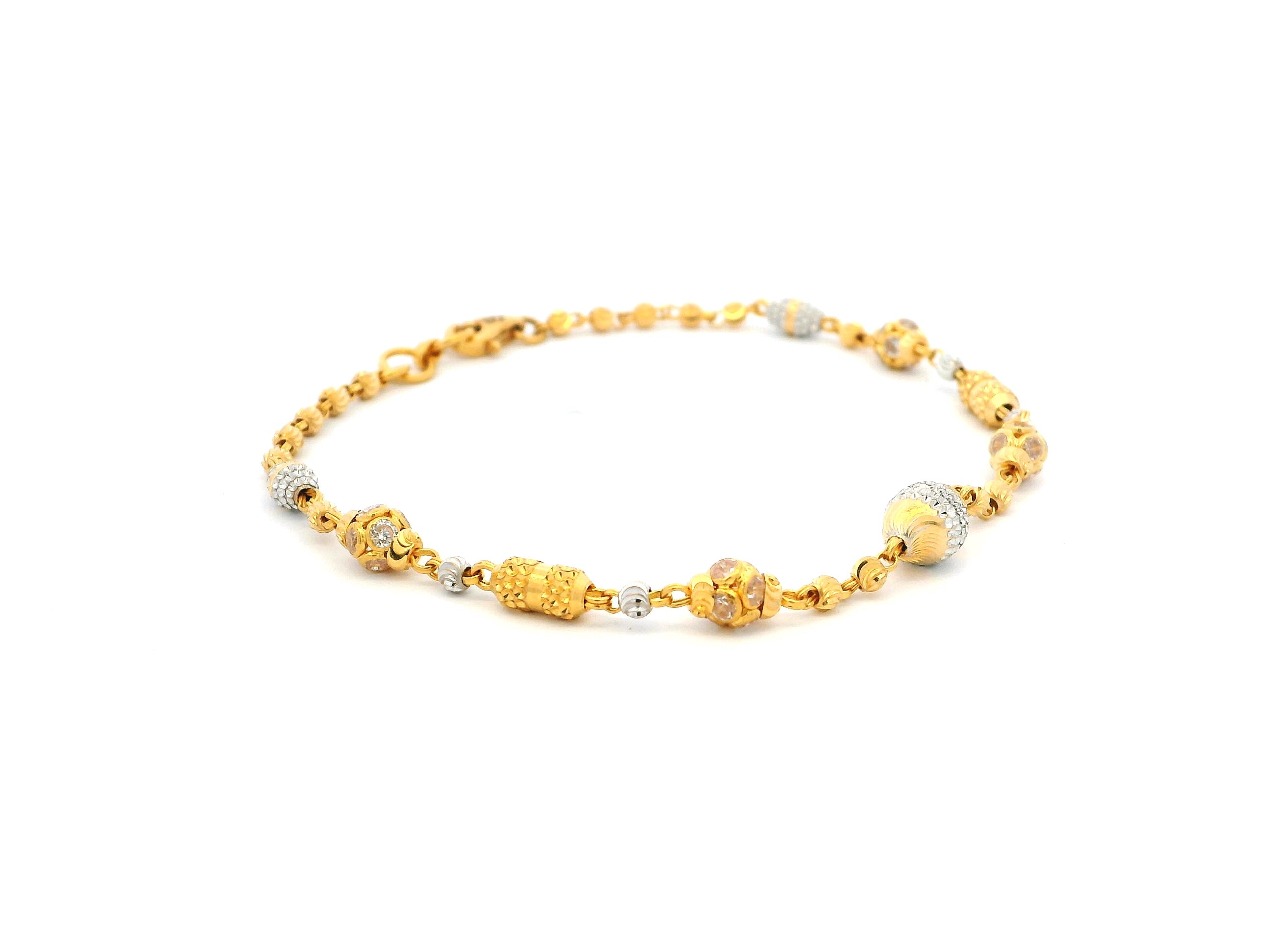 22ct Gold Bracelet with Rhodium-Plated Diamond-Cut Beads, Cubic Zirconia & Lobster Claw Clasp – Elegant Gold Jewellery