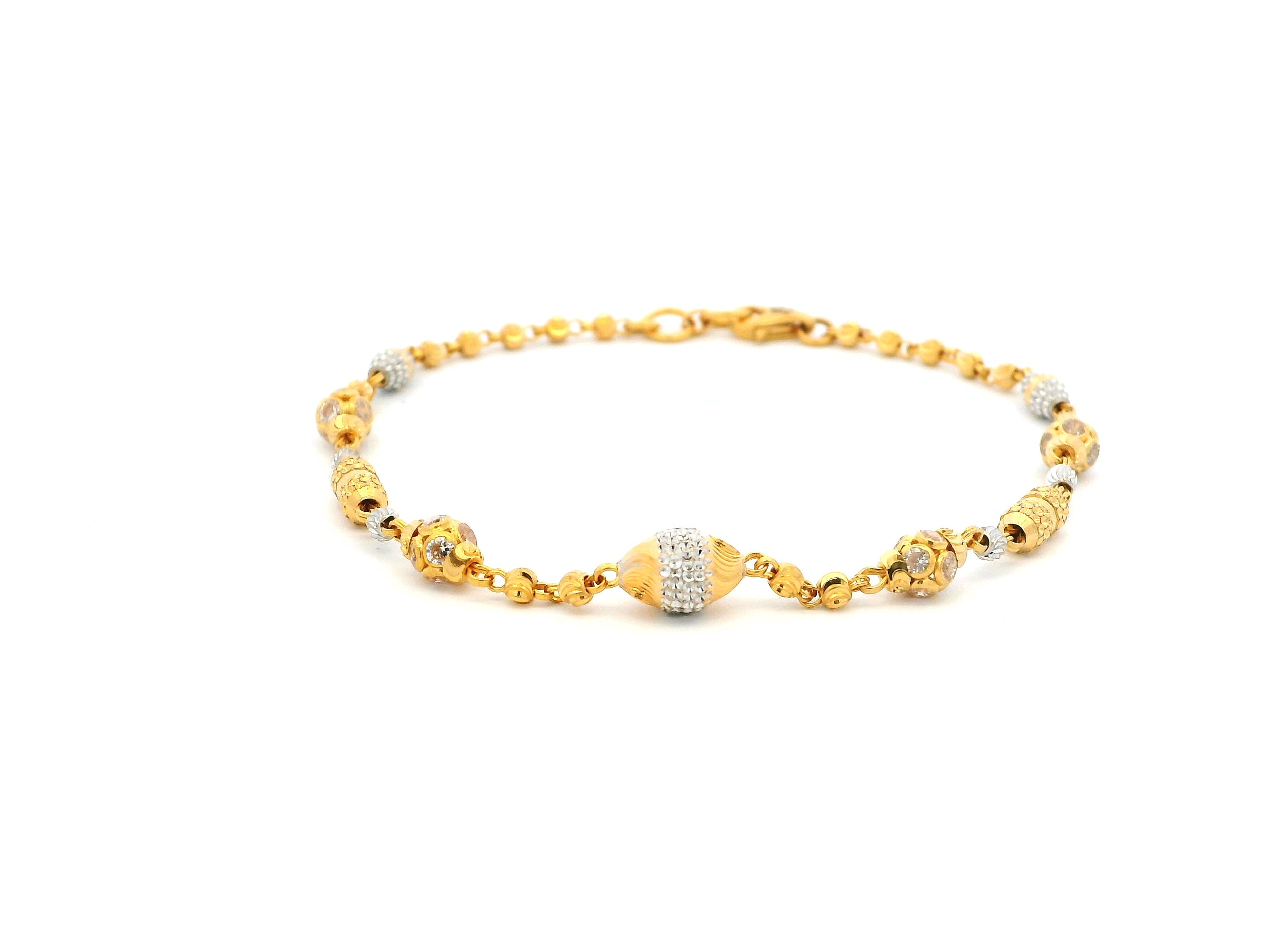 22ct Gold Bracelet with Rhodium-Plated Diamond-Cut Beads, Cubic Zirconia & Lobster Claw Clasp – Elegant Gold Jewellery