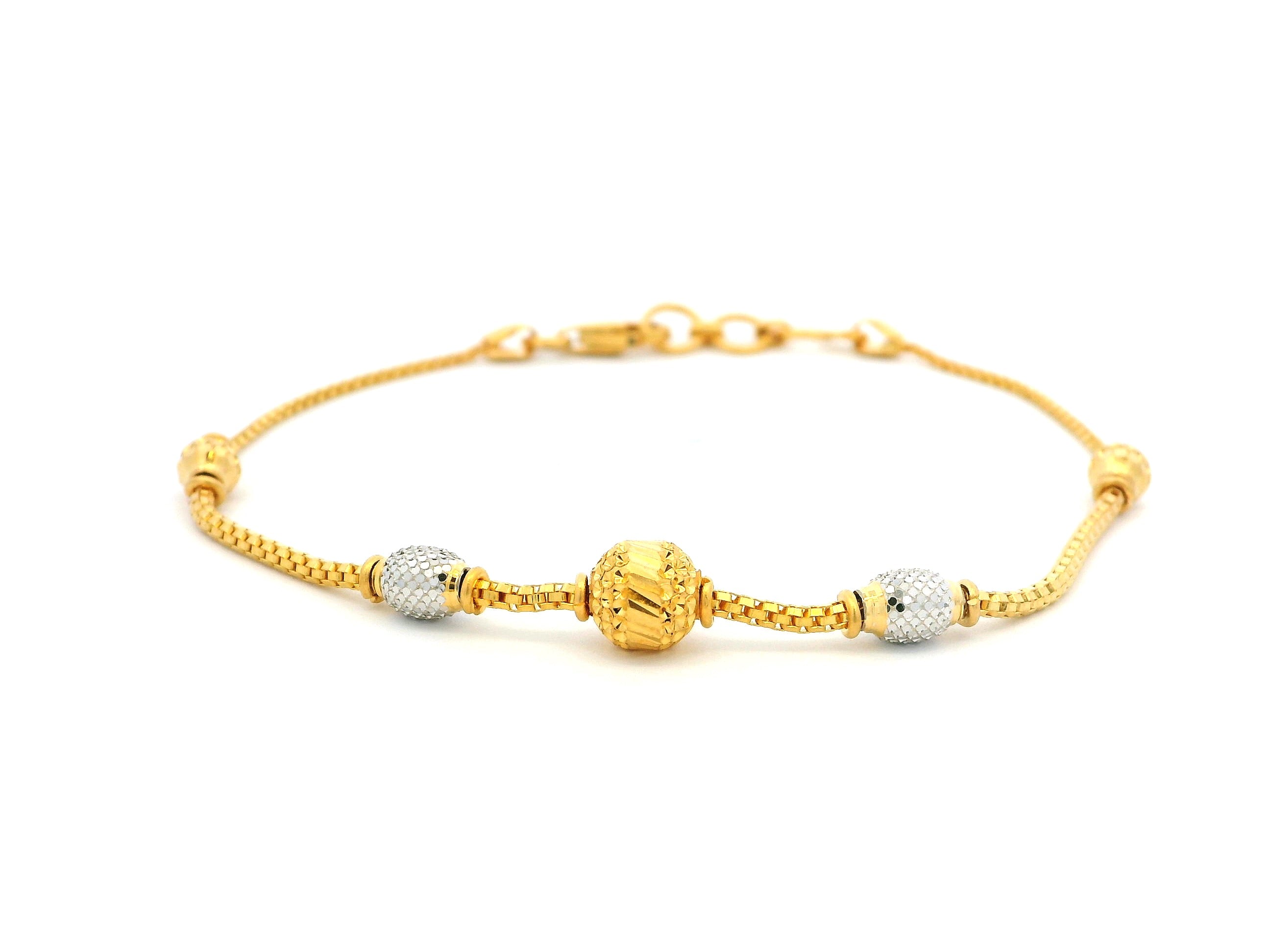 22ct Gold Bracelet with Rhodium-Plated Diamond-Cut Beads & Lobster Claw Clasp – Premium 22k Gold Jewellery