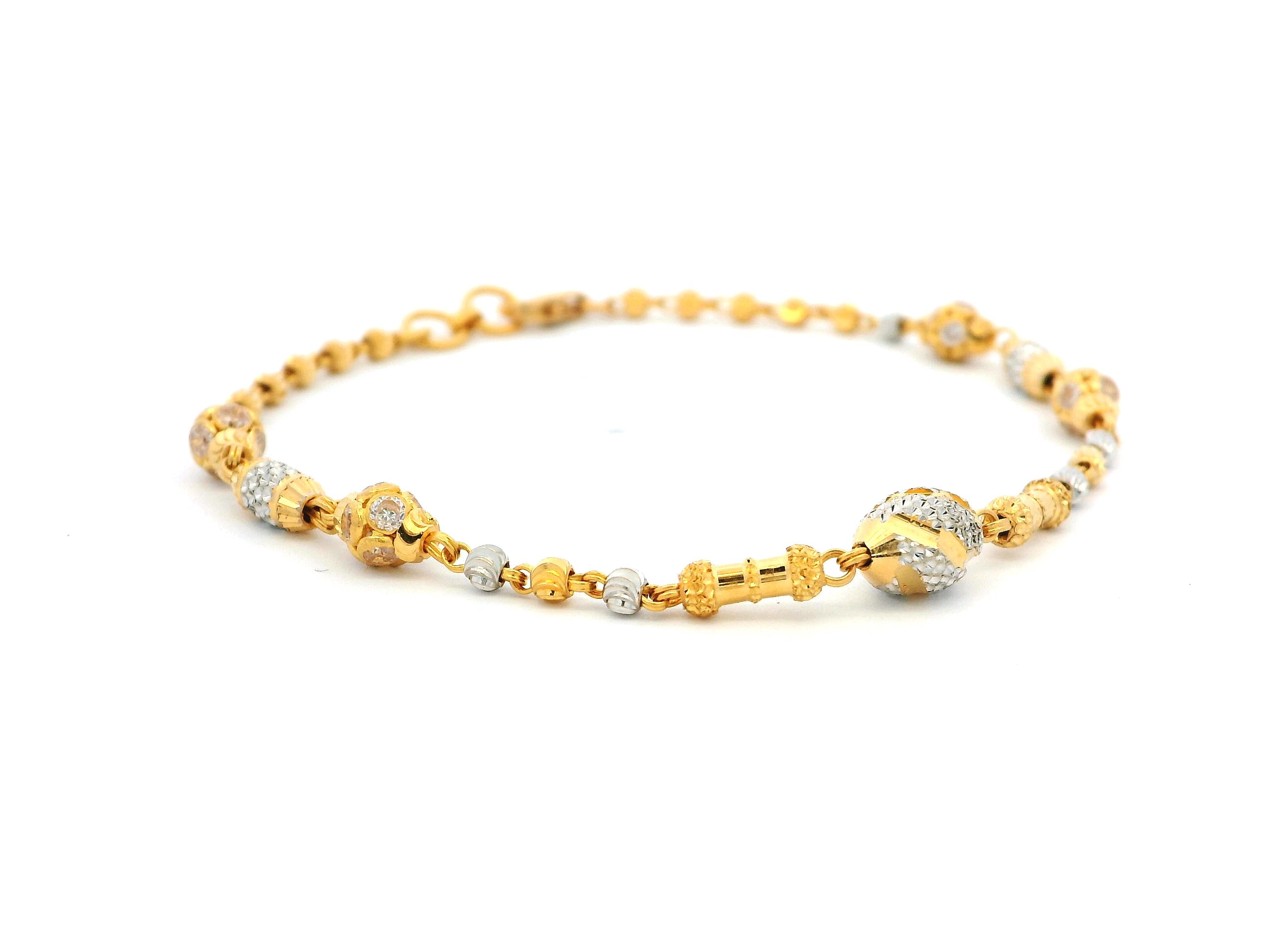 22ct Gold Bracelet with Rhodium-Plated Diamond-Cut Beads, Cubic Zirconia & Lobster Claw Clasp – Timeless Luxury Bracelet