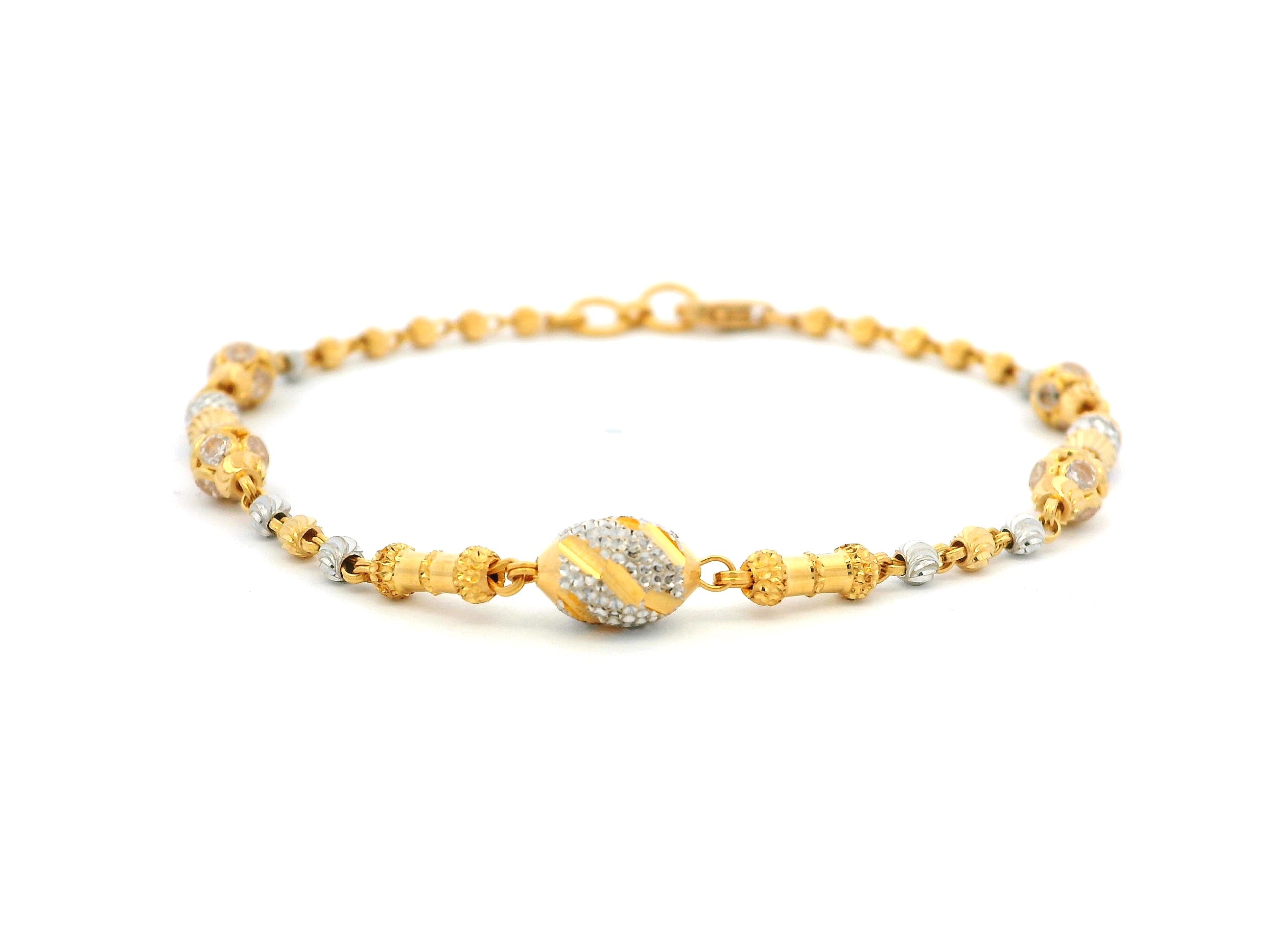 22ct Gold Bracelet with Rhodium-Plated Diamond-Cut Beads, Cubic Zirconia & Lobster Claw Clasp – Timeless Luxury Bracelet