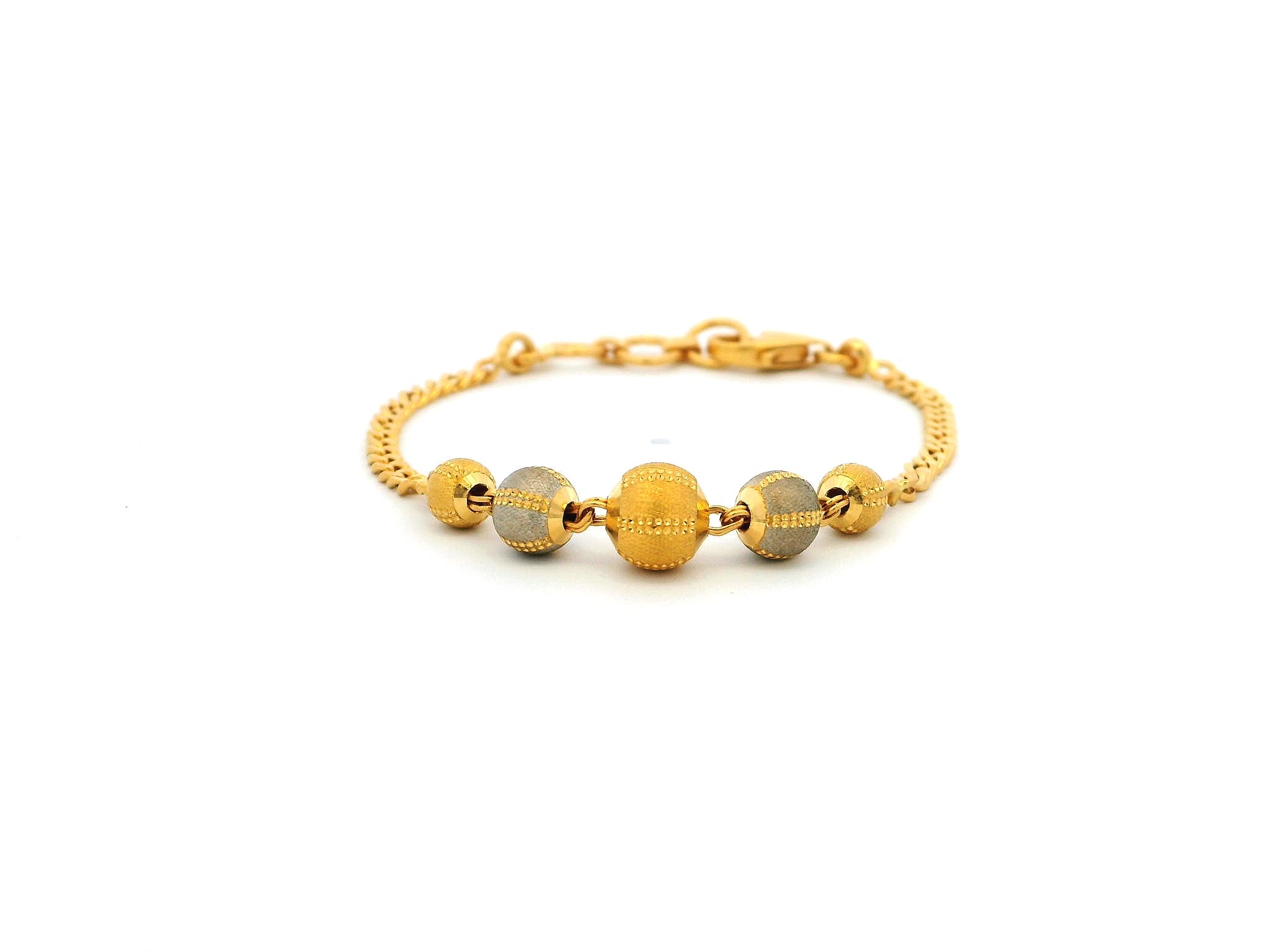 22ct Yellow Gold Children's Bracelet with Diamond-Cut Beads, Rhodium Plate & Lobster Claw Clasp – Stylish Gold Bracelet for Kids