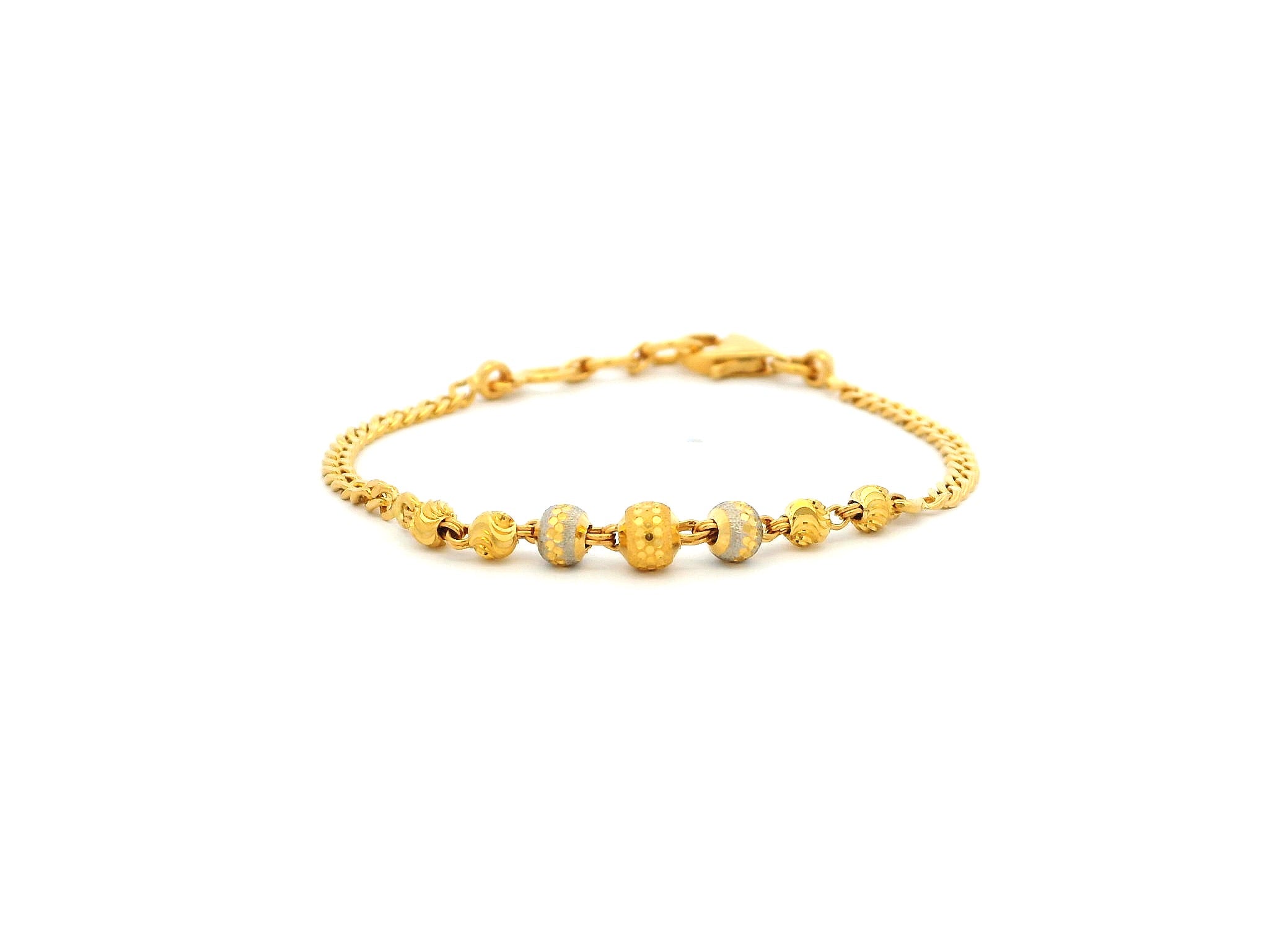 22ct Yellow Gold Children's Bracelet with Diamond-Cut Beads, Rhodium Plate & Lobster Claw Clasp – Elegant Kids Gold Bracelet