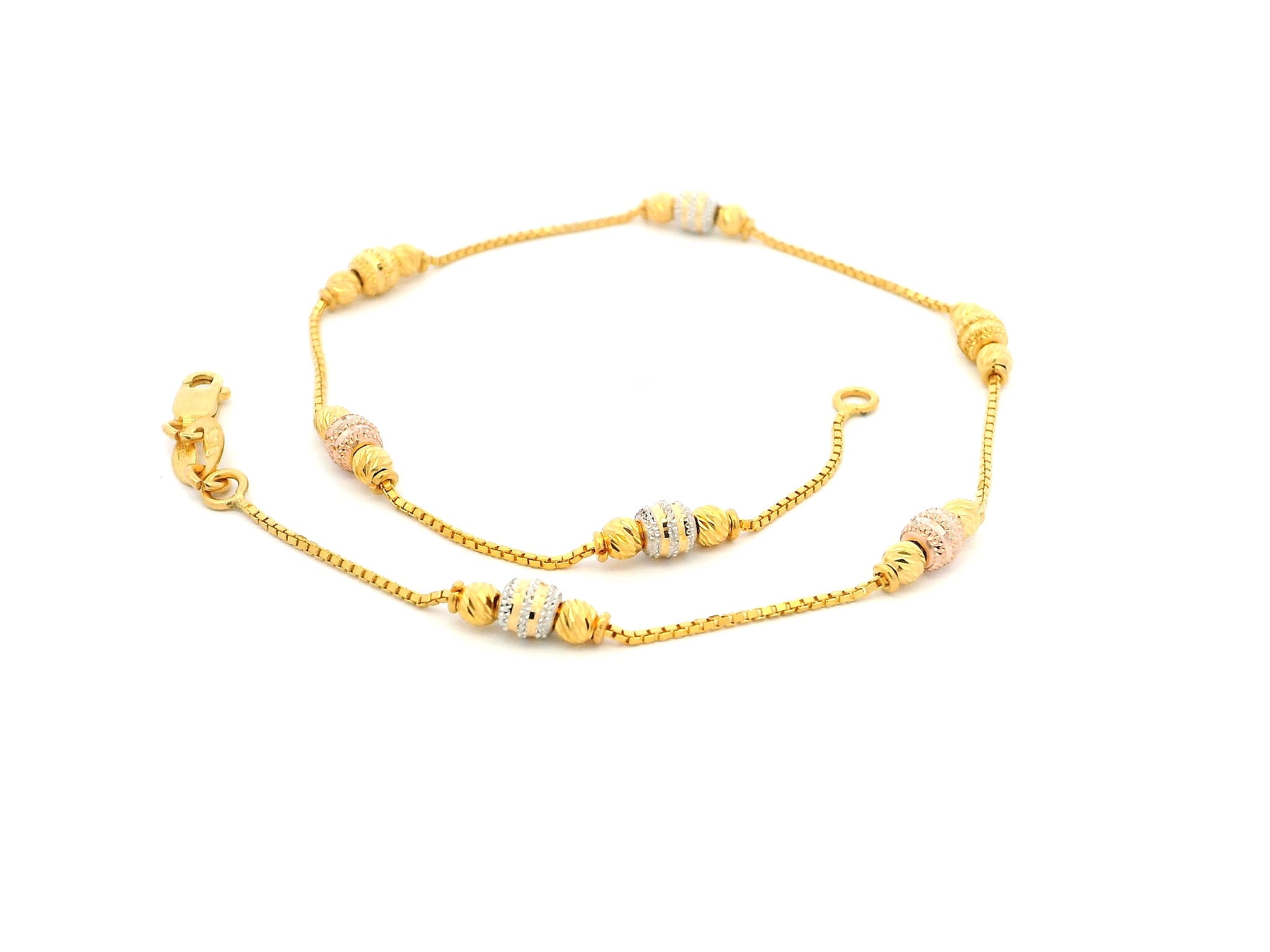 22ct Yellow Gold Anklets in Box Chain with Diamond Cutting Beads At Alternate With Lobster Clasp