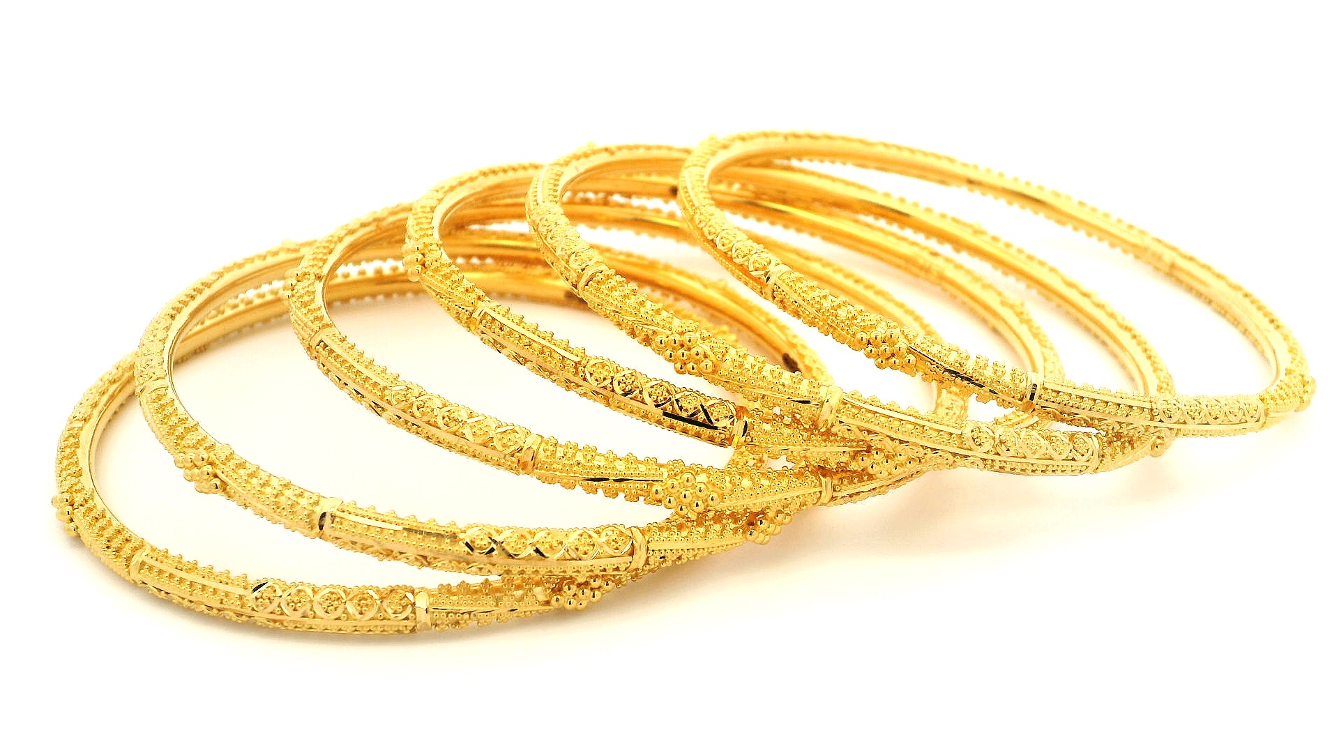 22ct Yellow Gold Set of Six Bangles with Filigree Design & Comfort Fit – Stylish Gold Bangle Set