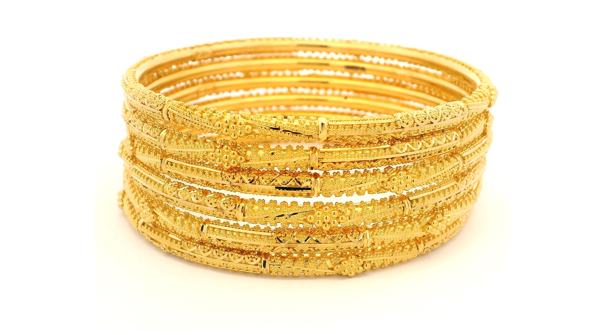 22ct Yellow Gold Set of Six Bangles with Filigree Design & Comfort Fit – Stylish Gold Bangle Set