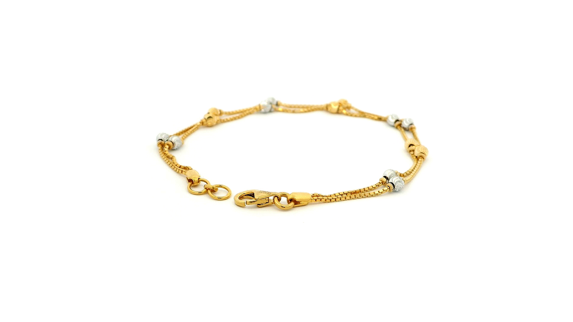 22ct Gold Two Row Box Chain Bracelet with Rhodium-Plated Diamond-Cut Beads & Lobster Claw Clasp – Luxury Gold Jewellery