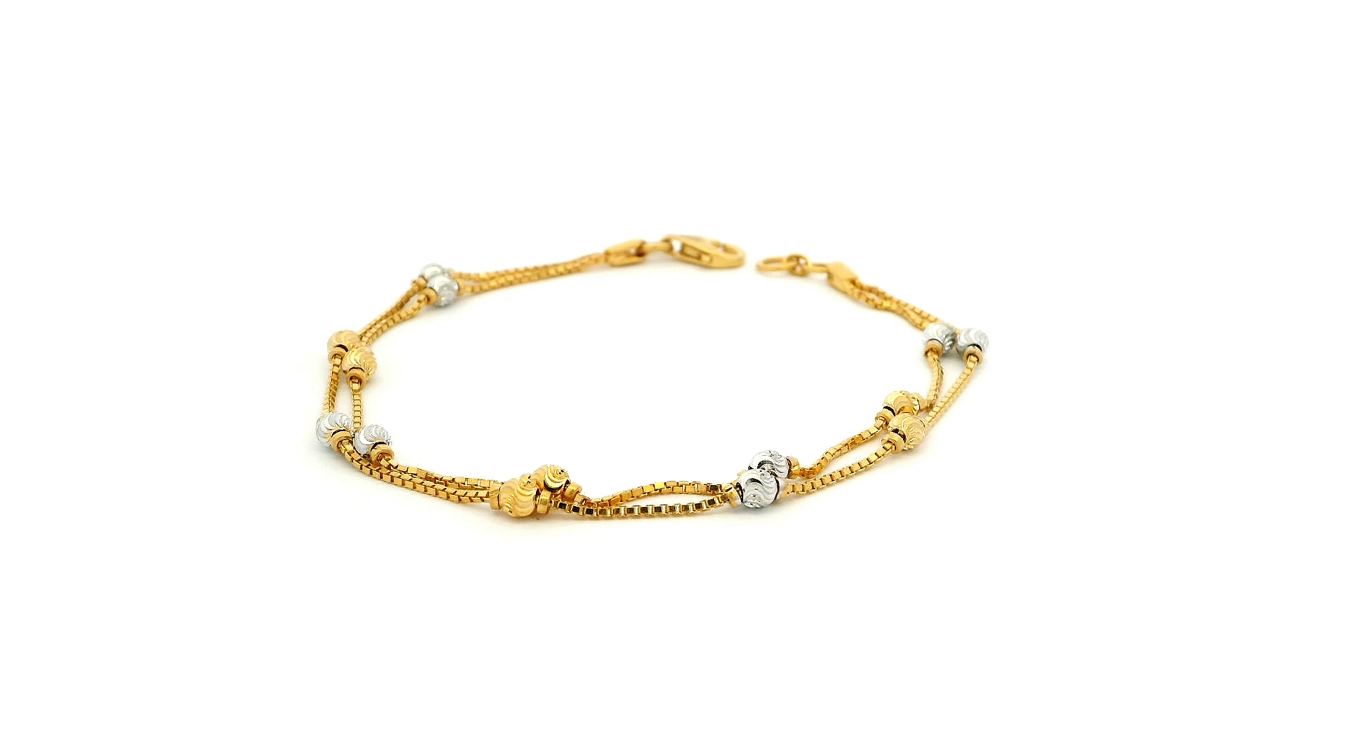 22ct Gold Two Row Box Chain Bracelet with Rhodium-Plated Diamond-Cut Beads & Lobster Claw Clasp – Luxury Gold Jewellery