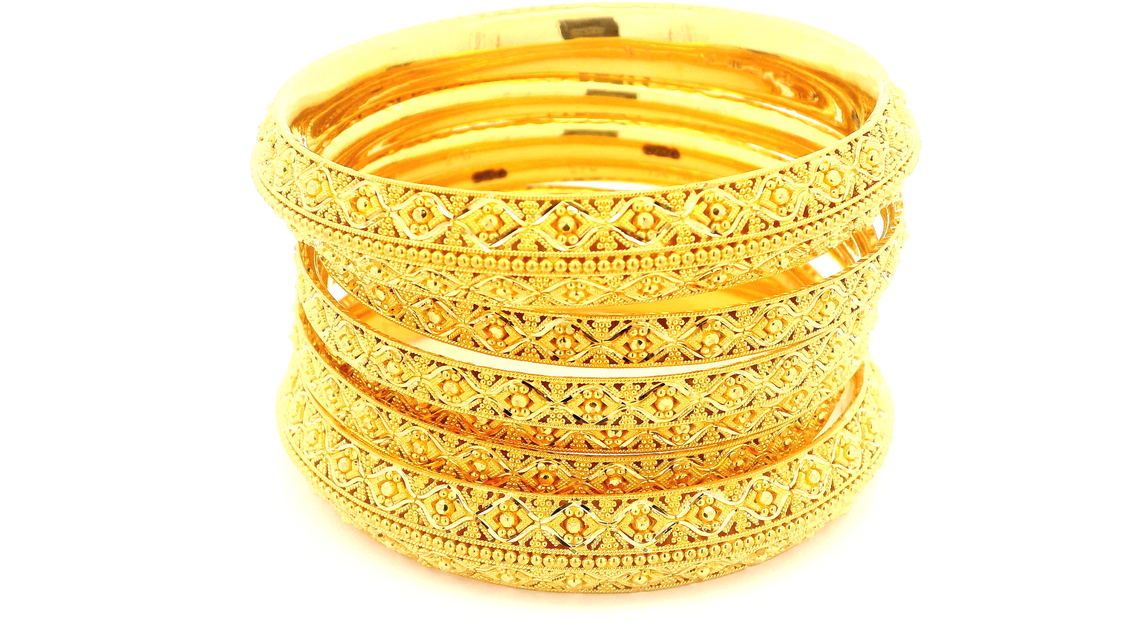 22ct Yellow Gold Filigree Bangles Set of 6 - Comfort Fit, Elegant Design