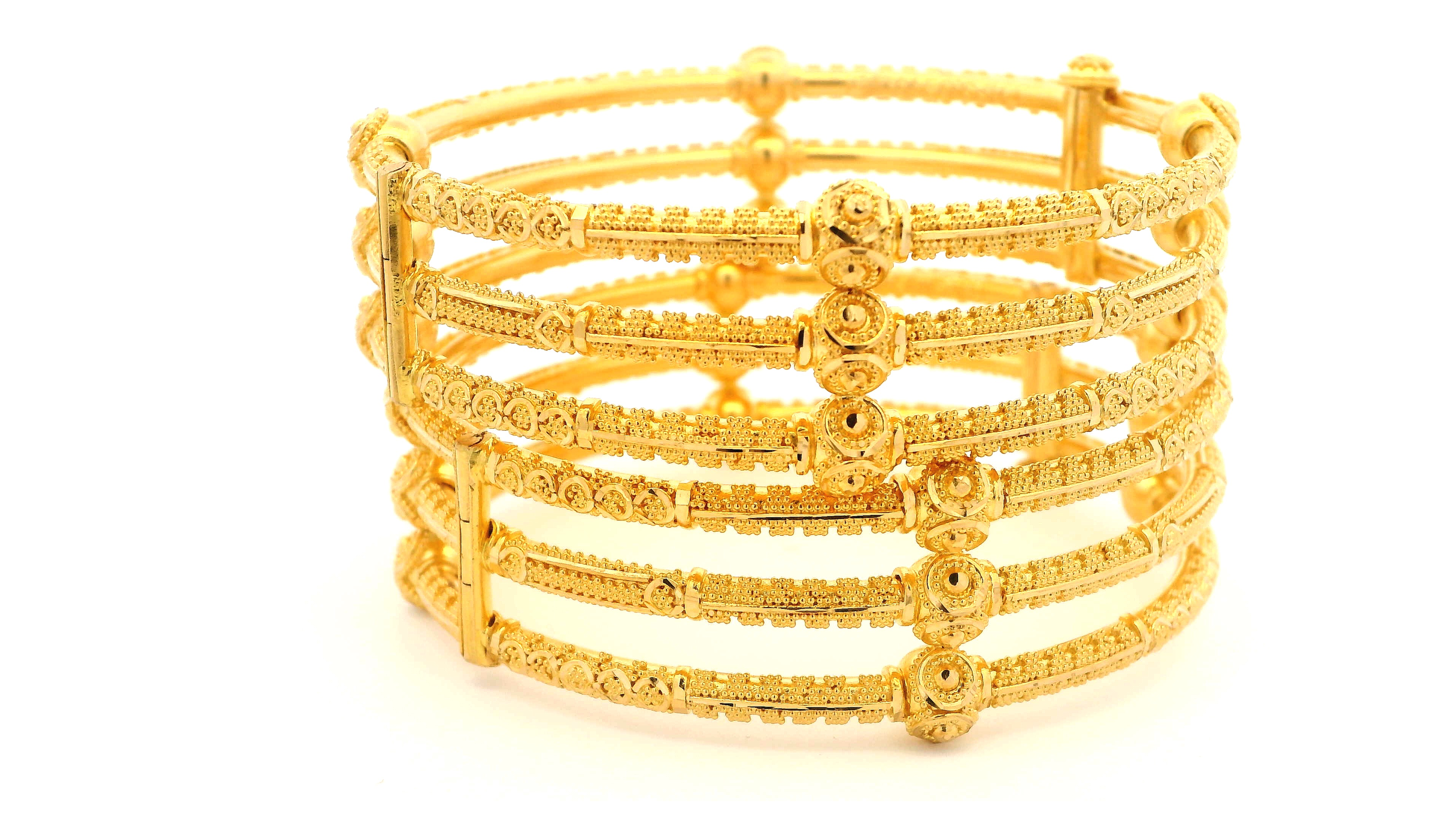 22ct Yellow Gold Set of Six Bangles with Filigree Design & Comfort Fit - Elegant Luxury Jewellery