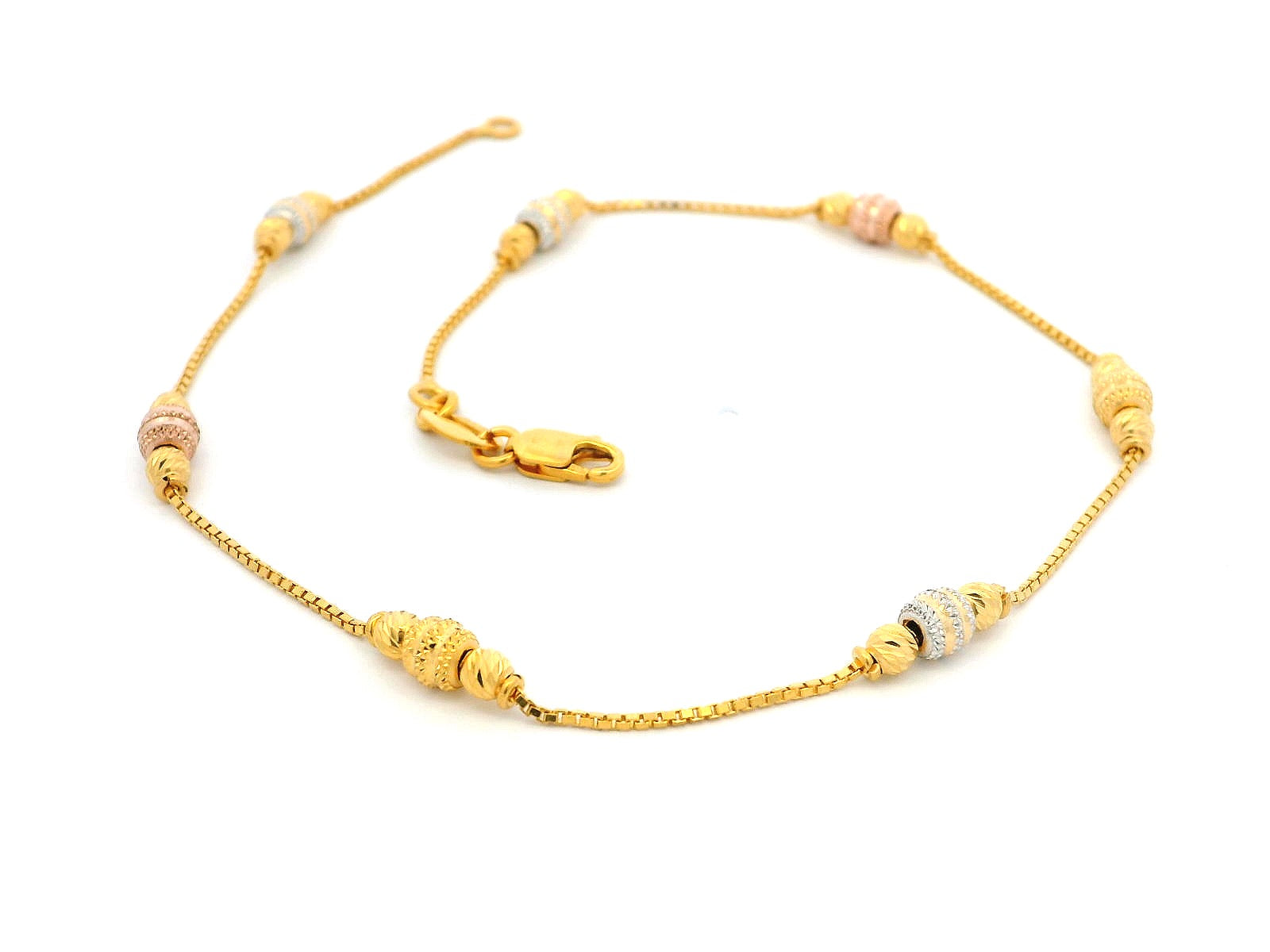 Elegant 22ct Yellow Gold Box Chain Anklet with Diamond-Cut Beads & Lobster Clasp