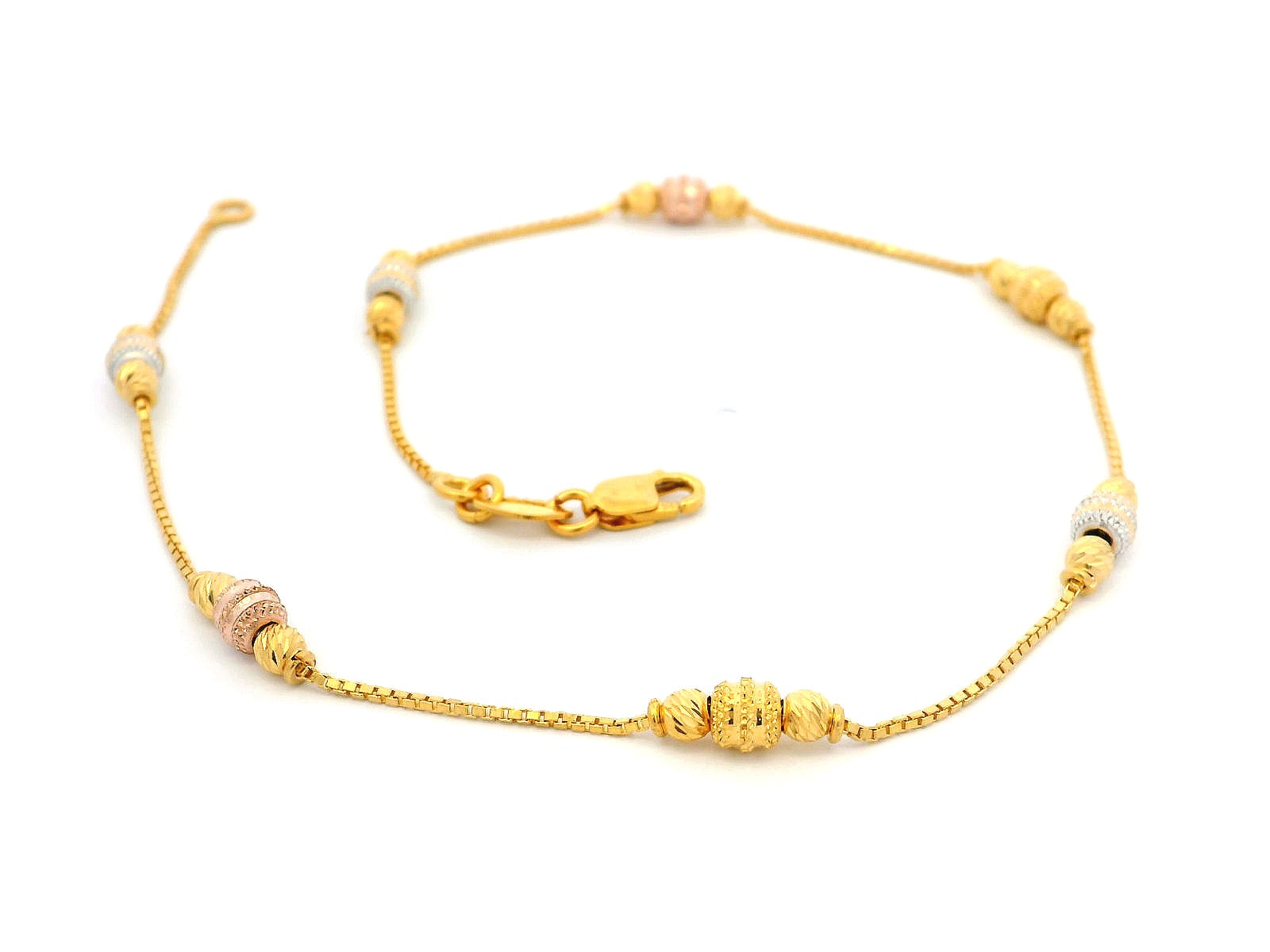 Elegant 22ct Yellow Gold Box Chain Anklet with Diamond-Cut Beads & Lobster Clasp