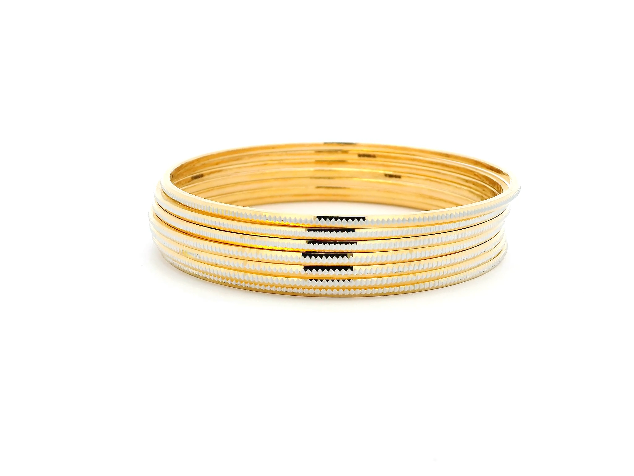 Set of Seven 22ct Gold Bangles with Milgrain Design and Rhodium Plating – Luxury Dual-Tone Bangle Set