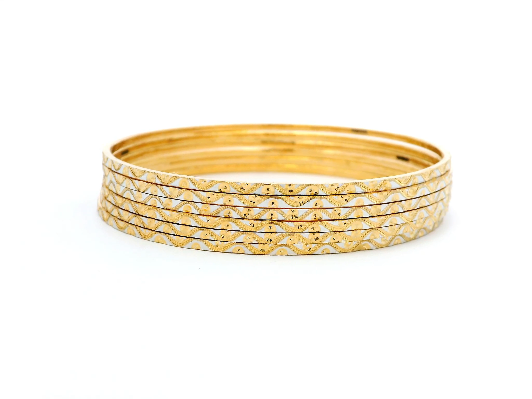 Set of Six 22ct Gold Bangles with Milgrain Design & Rhodium Plating – Elegant Dual-Tone Finish