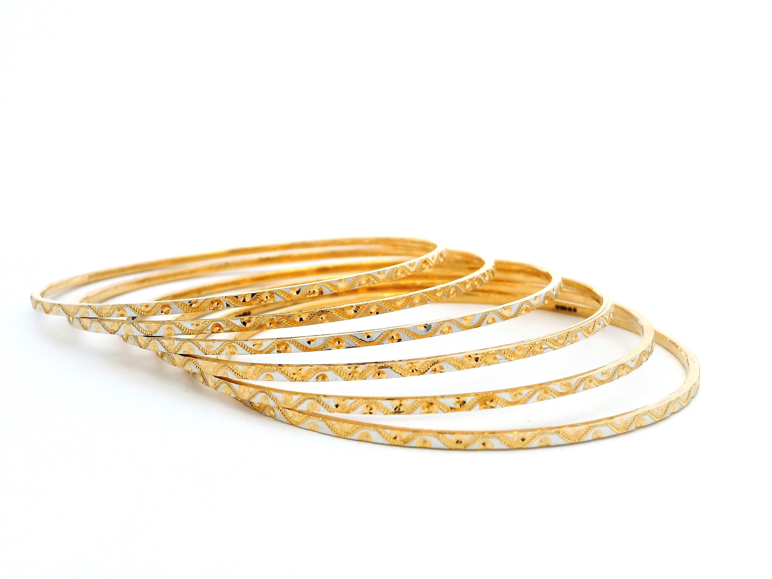 Set of Six 22ct Gold Bangles with Milgrain Design & Rhodium Plating – Elegant Dual-Tone Finish