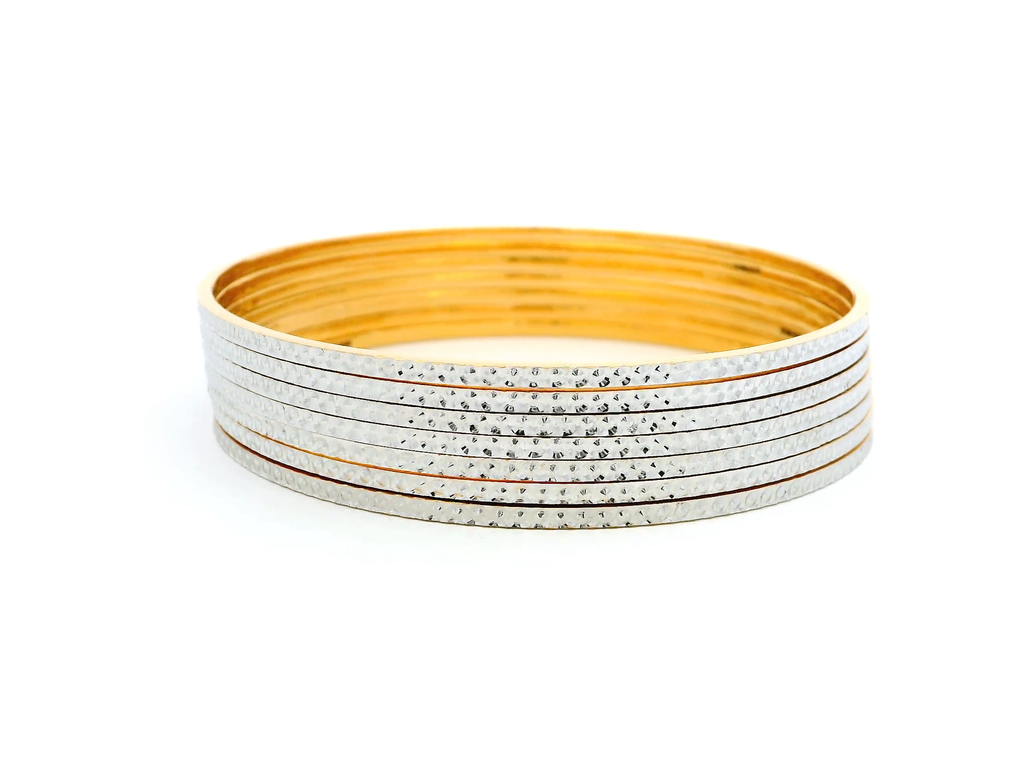 Set of Seven 22ct Gold Bangles with Milgrain Detailing & Rhodium Plating – Elegant Dual-Tone Design