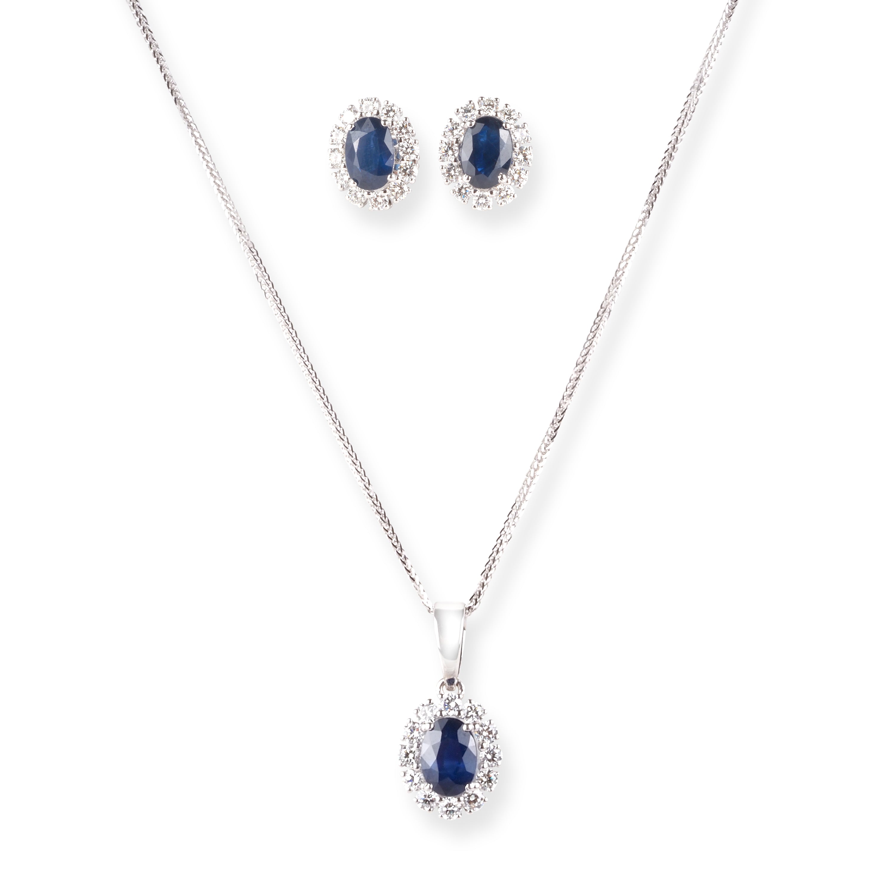 18ct White Gold With Diamond and Blue Sapphire Pendant Suite.