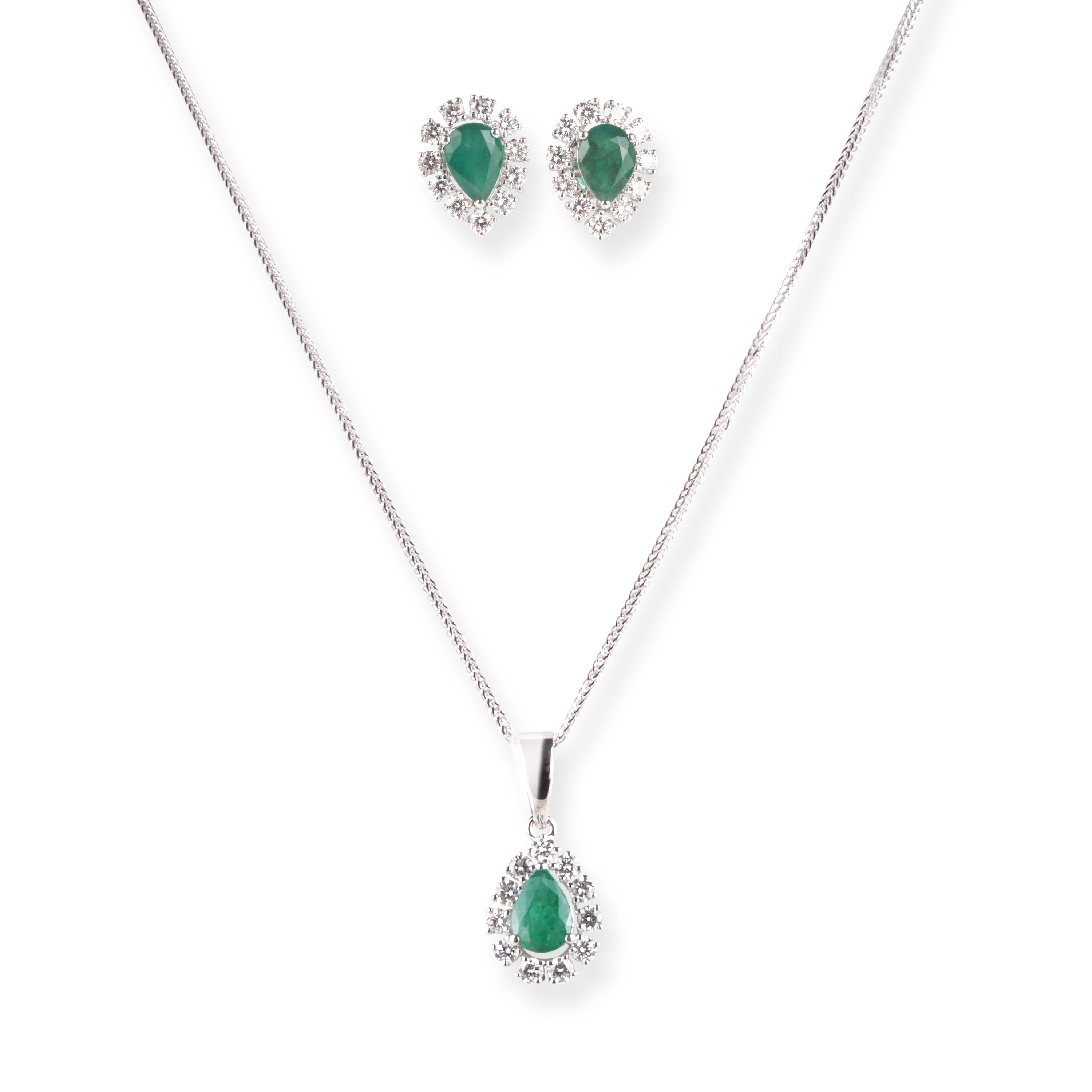 18ct White Gold with Diamond and Emerald Pendant Suite