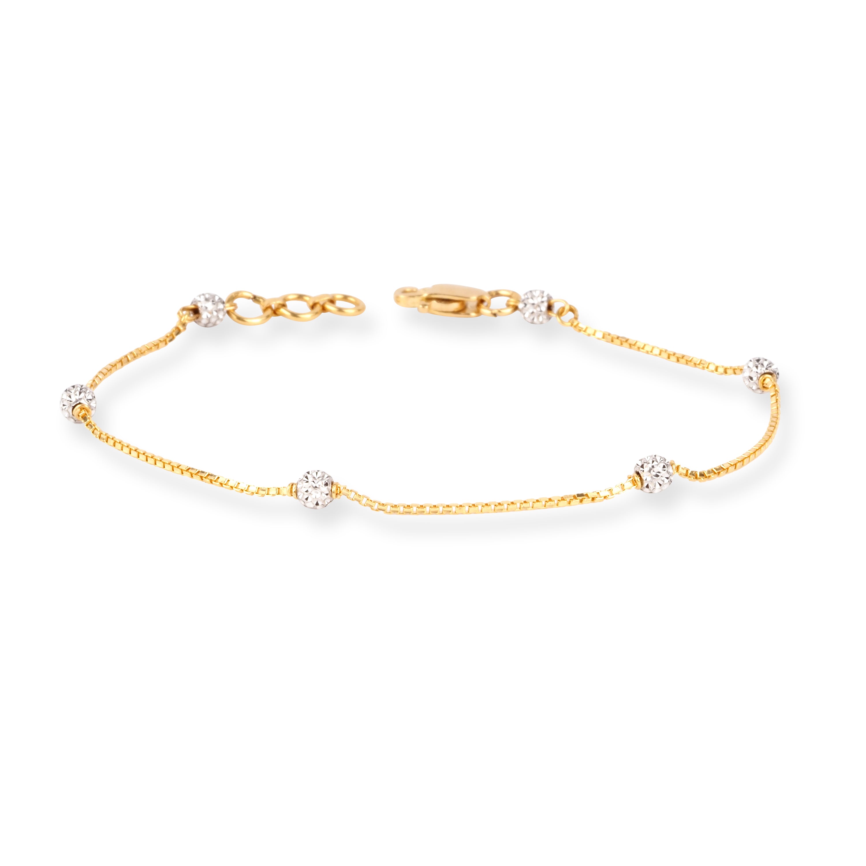 22ct Gold Box Chain Bracelet with Rhodium Plated Diamond Cut Beads and Lobster Clasp LBR-8479Rd