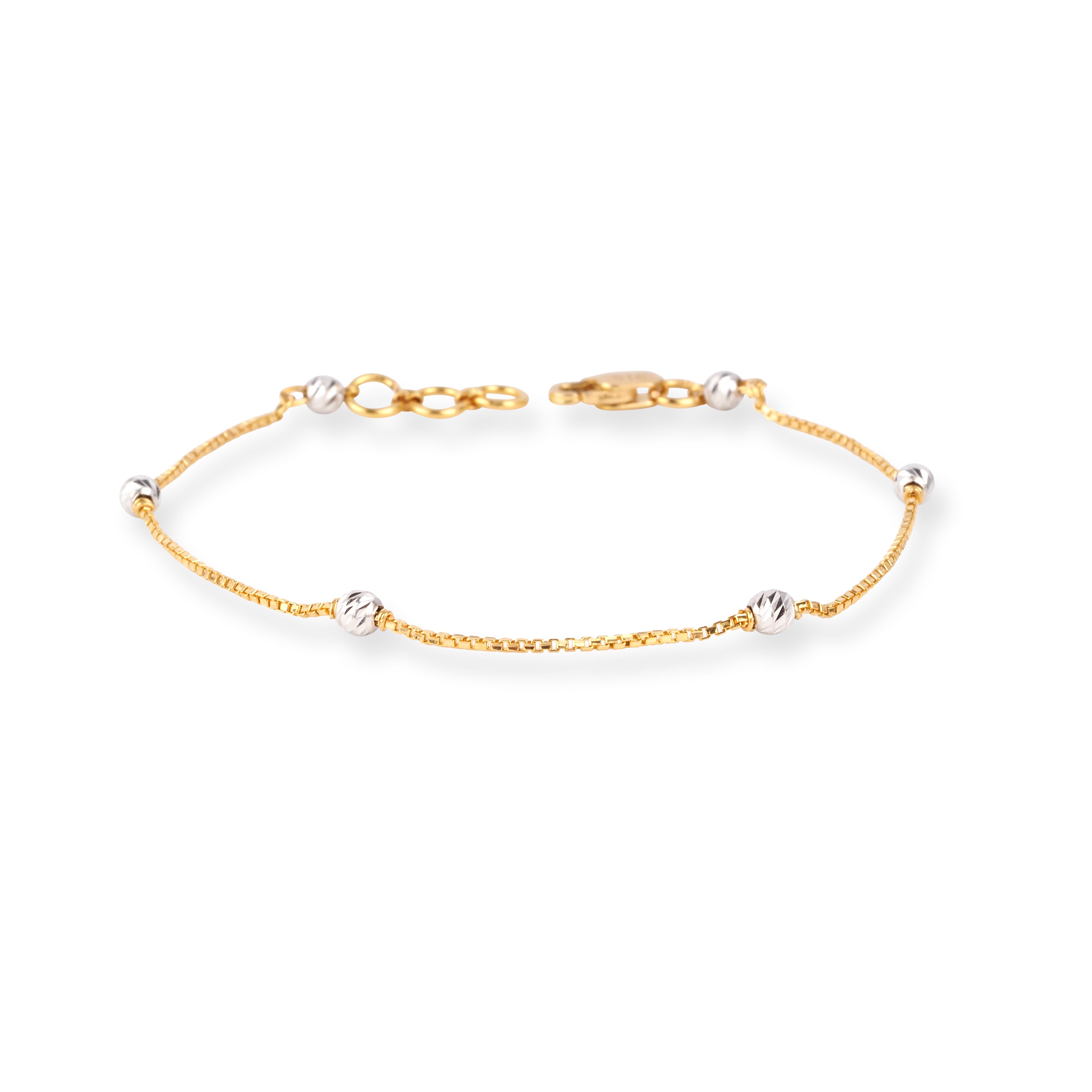 22ct Gold Box Chain Bracelet with Rhodium Plated Diamond Cut Beads and Lobster Clasp LBR-8715