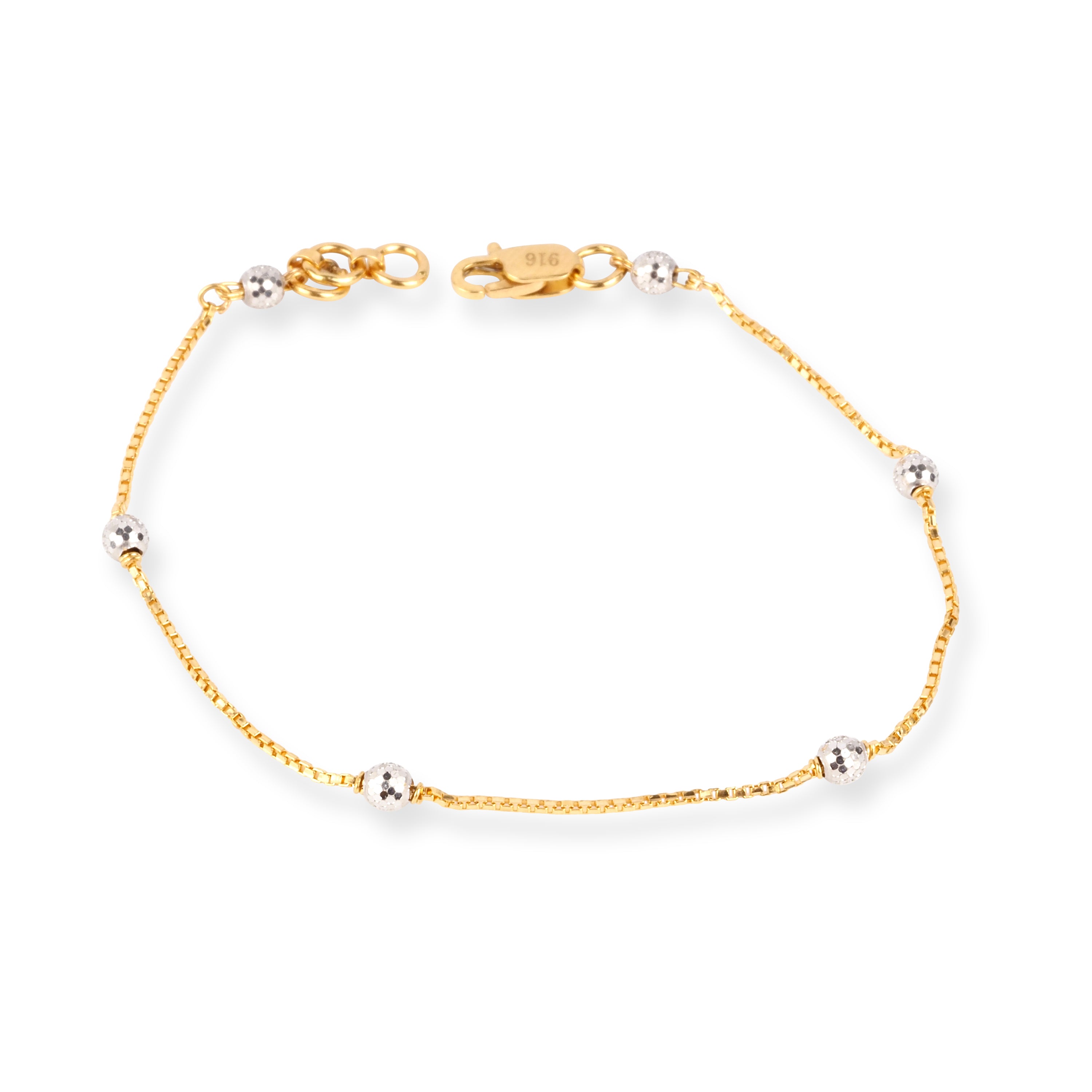 22ct Gold Box Chain Bracelet with Rhodium Plated Diamond Cut Beads and Lobster Clasp LBR-8716