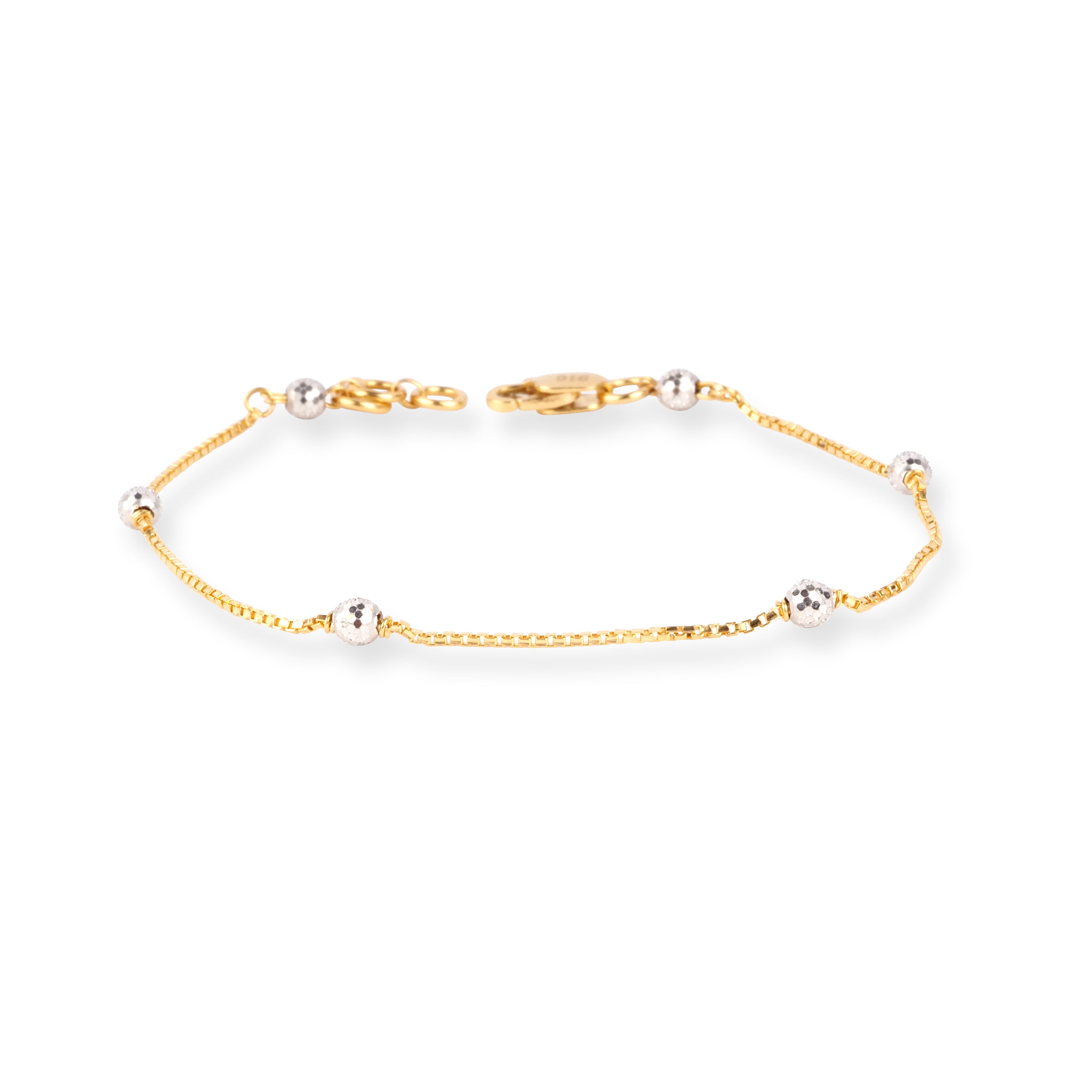 22ct Gold Box Chain Bracelet with Rhodium Plated Diamond Cut Beads and Lobster Clasp LBR-8716