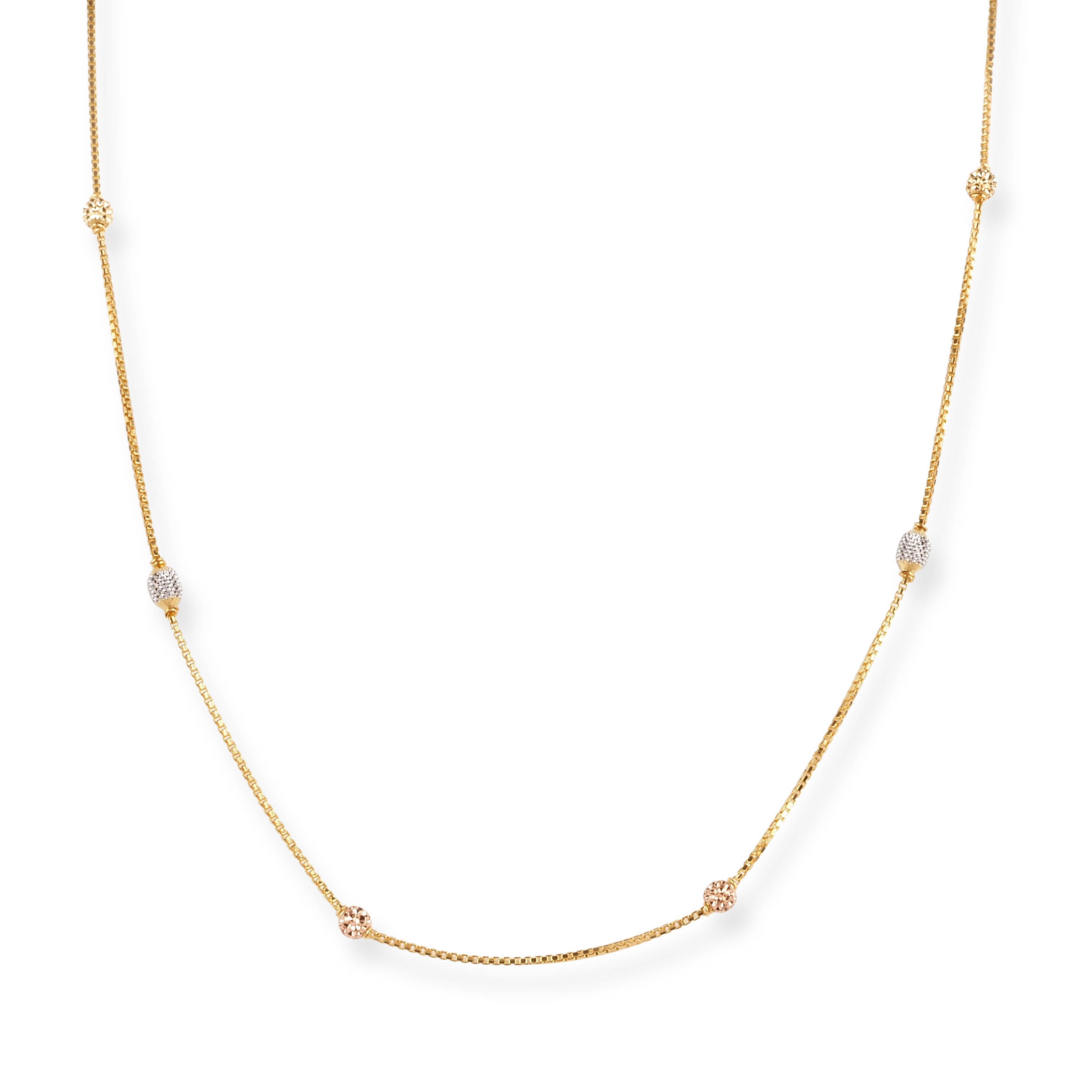 22ct Gold Box Chain with Plain, Rose Gold and Rhodium Plated Diamond Cut Beads and Lobster Clasp C-3799-18