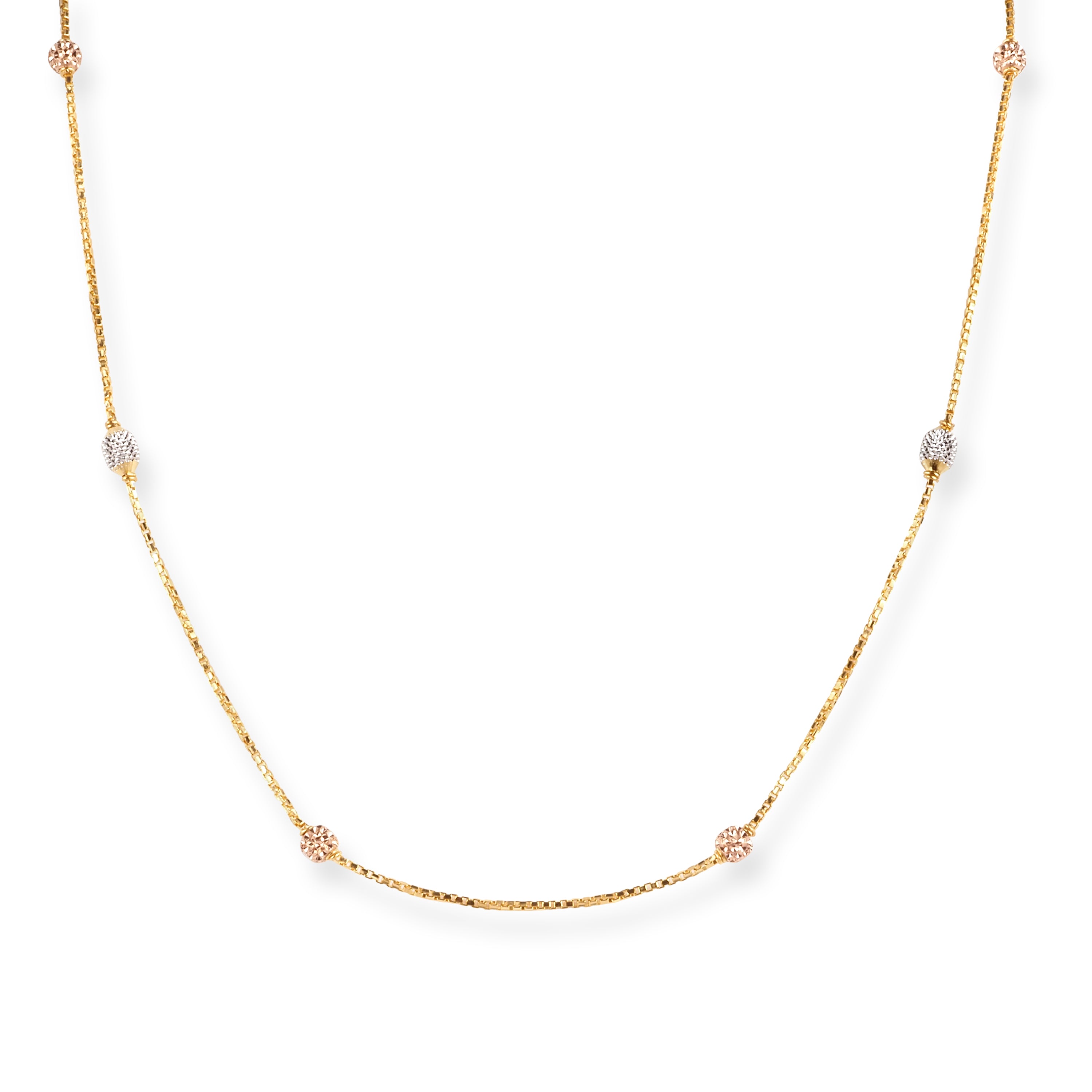 22ct Gold Box Chain with Rose Gold and Rhodium Plated Diamond Cut Beads and Lobster Clasp C-3798-18