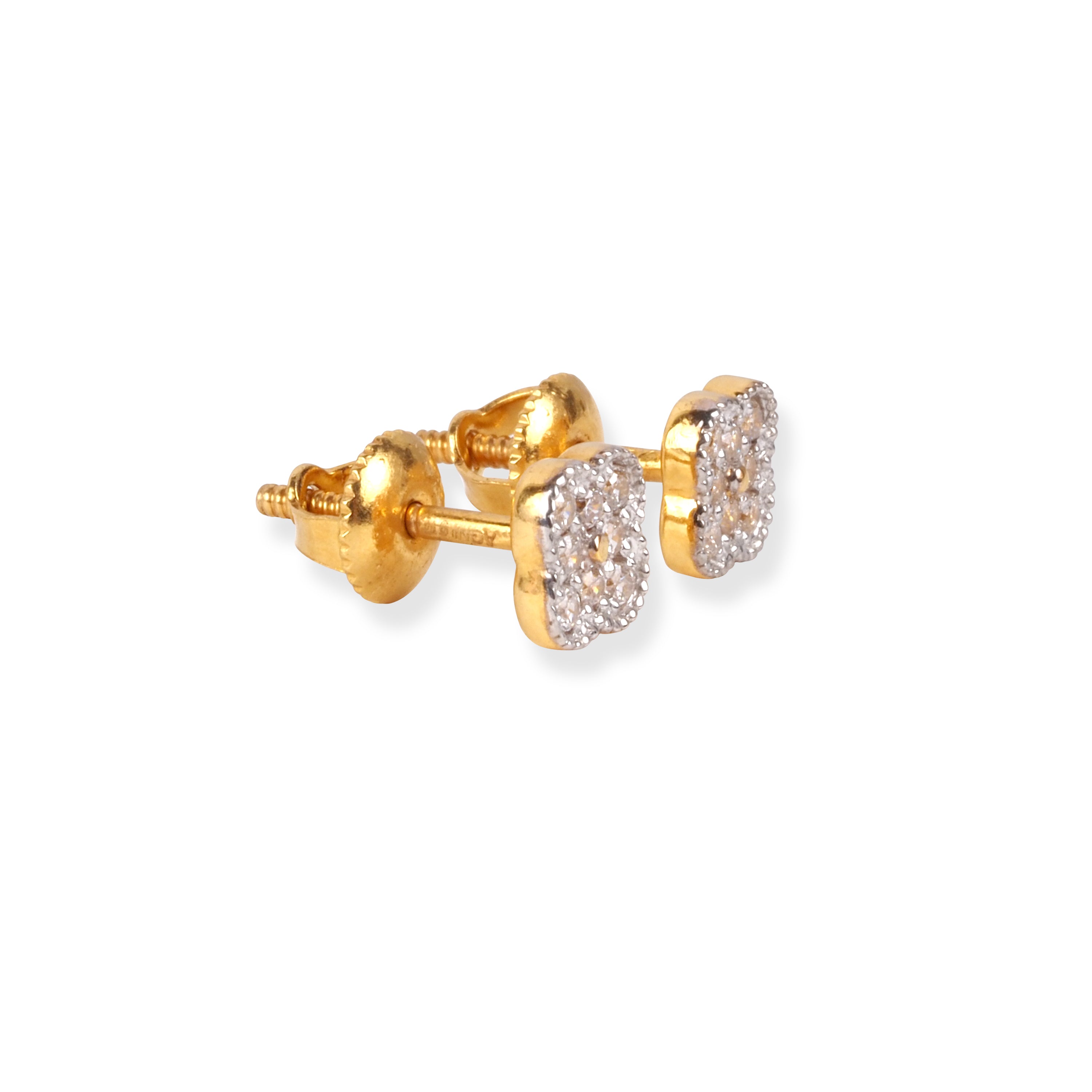 22ct Gold Clover Design Stud Earrings with Cubic Zirconia Stones and Screw Back Closure