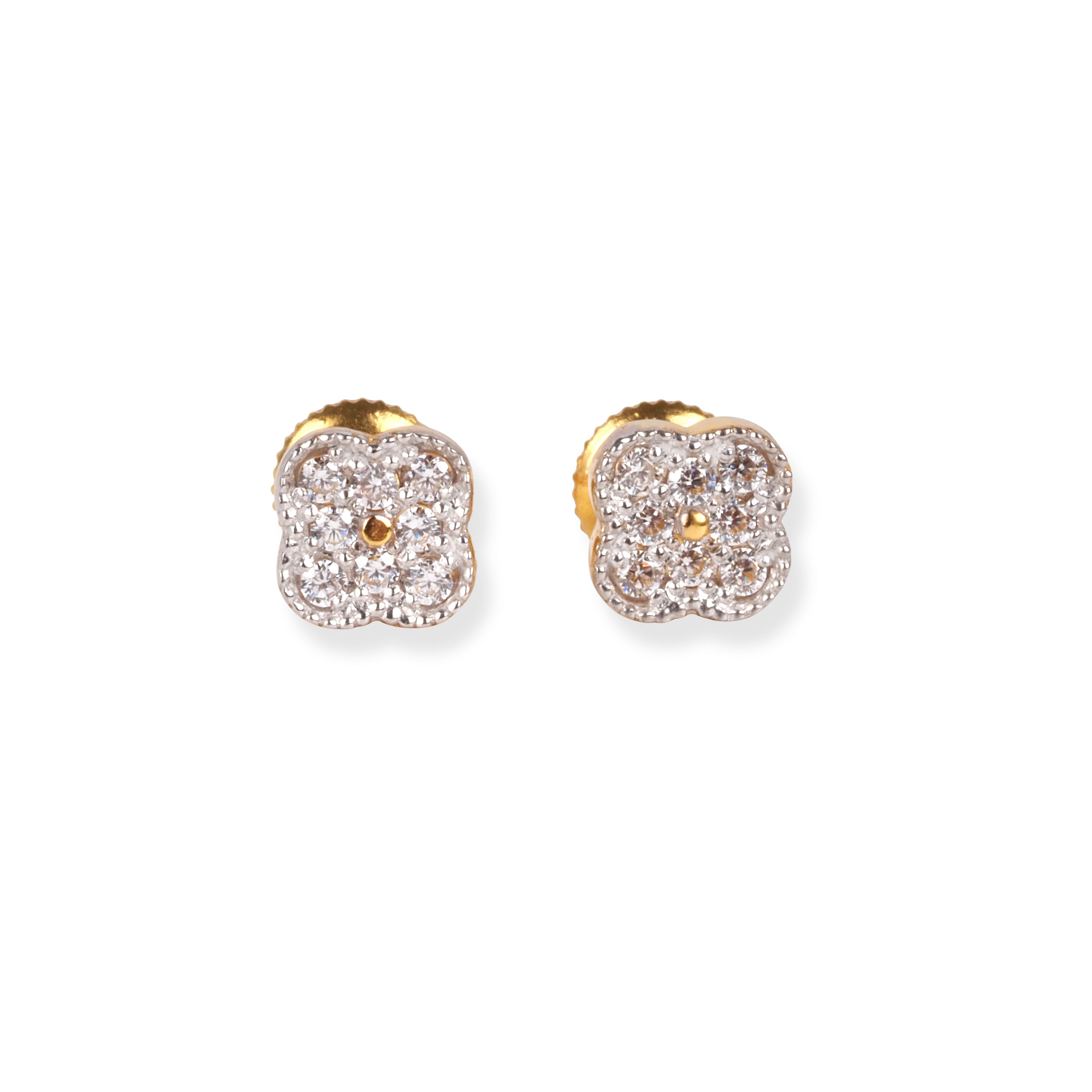 22ct Gold Clover Design Stud Earrings with Cubic Zirconia Stones and Screw Back Closure