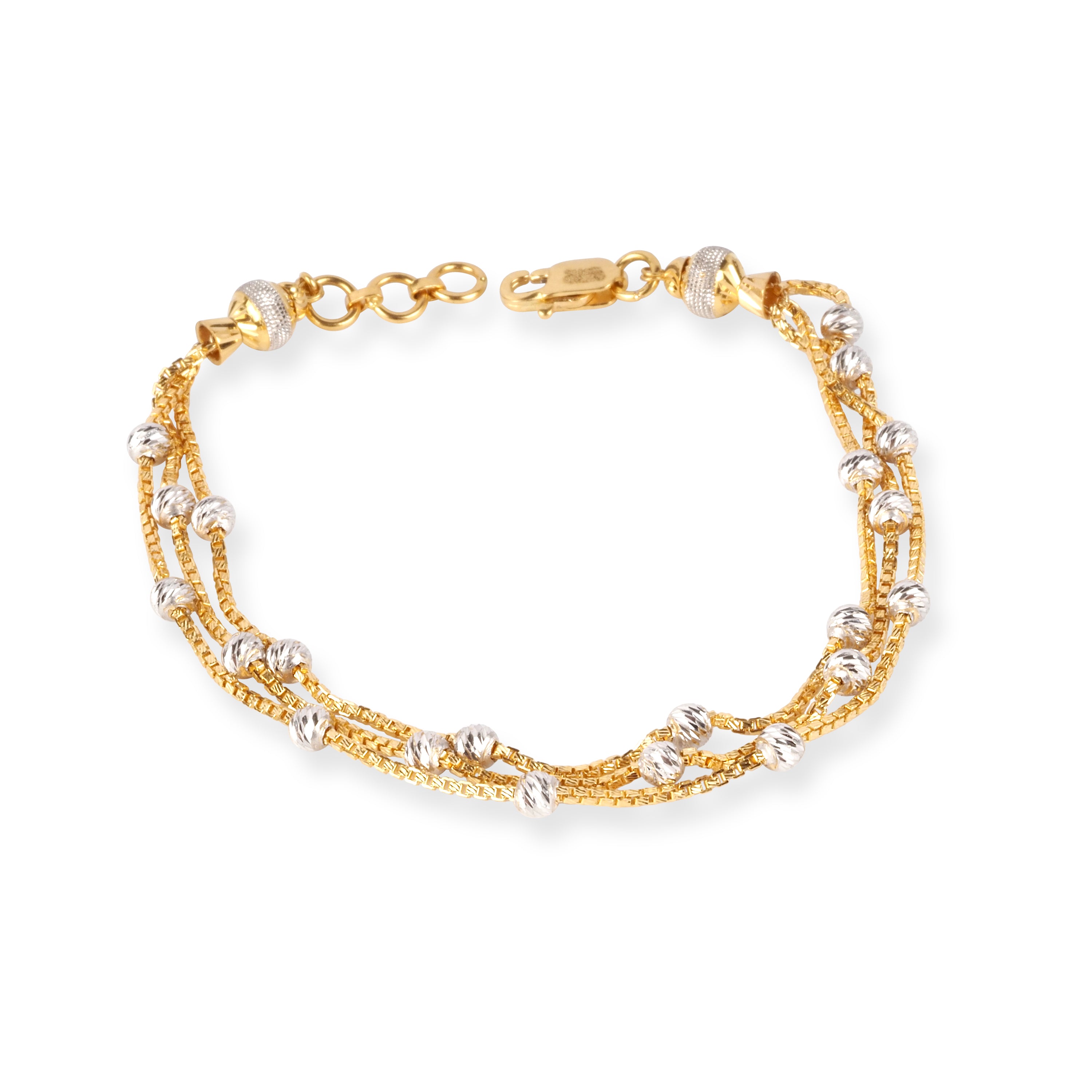 22ct Gold Three Row Bracelet with Rhodium Plated Diamond Cut Beads and Lobster Clasp LBR-8721