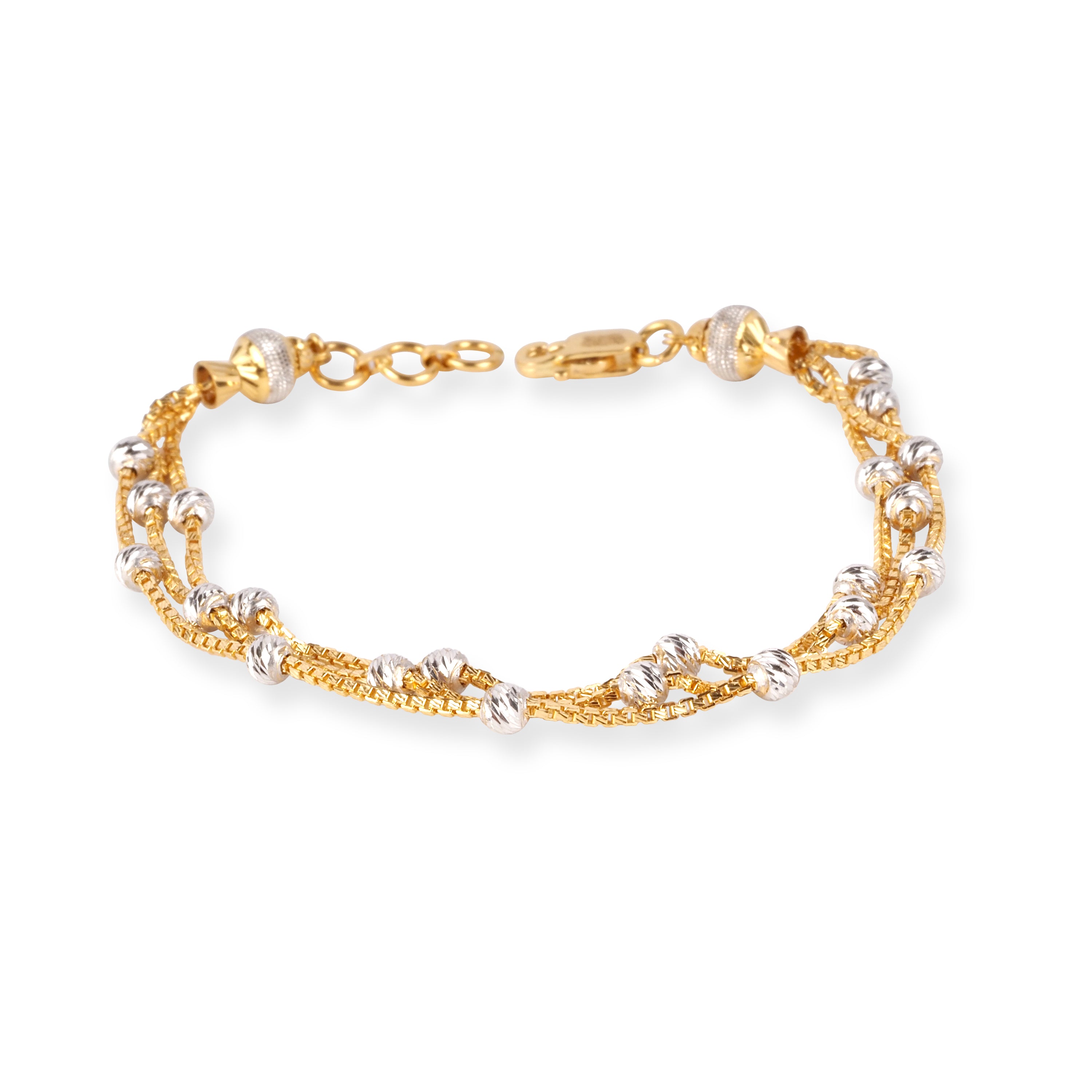 22ct Gold Three Row Bracelet with Rhodium Plated Diamond Cut Beads and Lobster Clasp LBR-8721