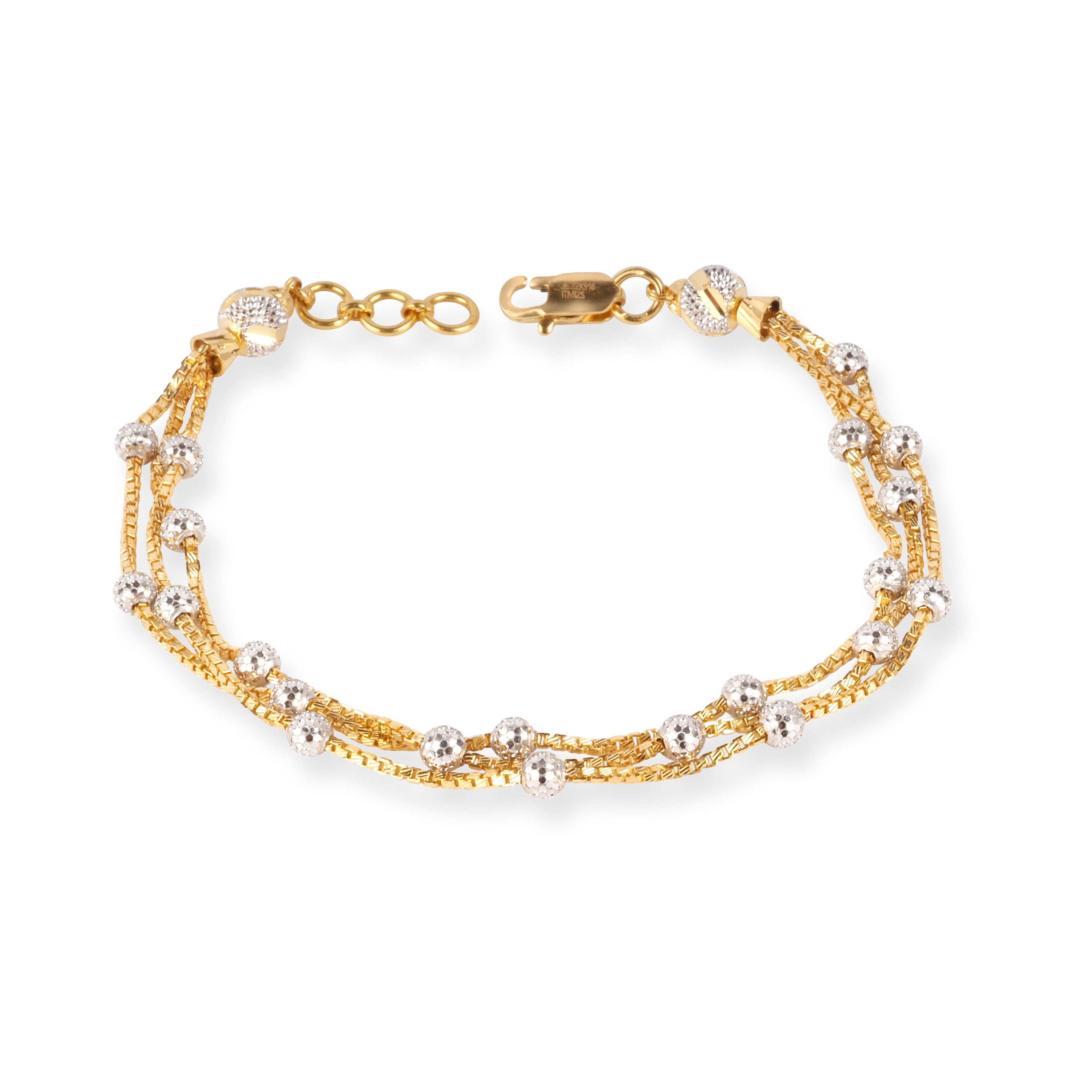 22ct Gold Three Row Bracelet with Rhodium Plated Diamond Cut Beads and Lobster Clasp LBR-8723