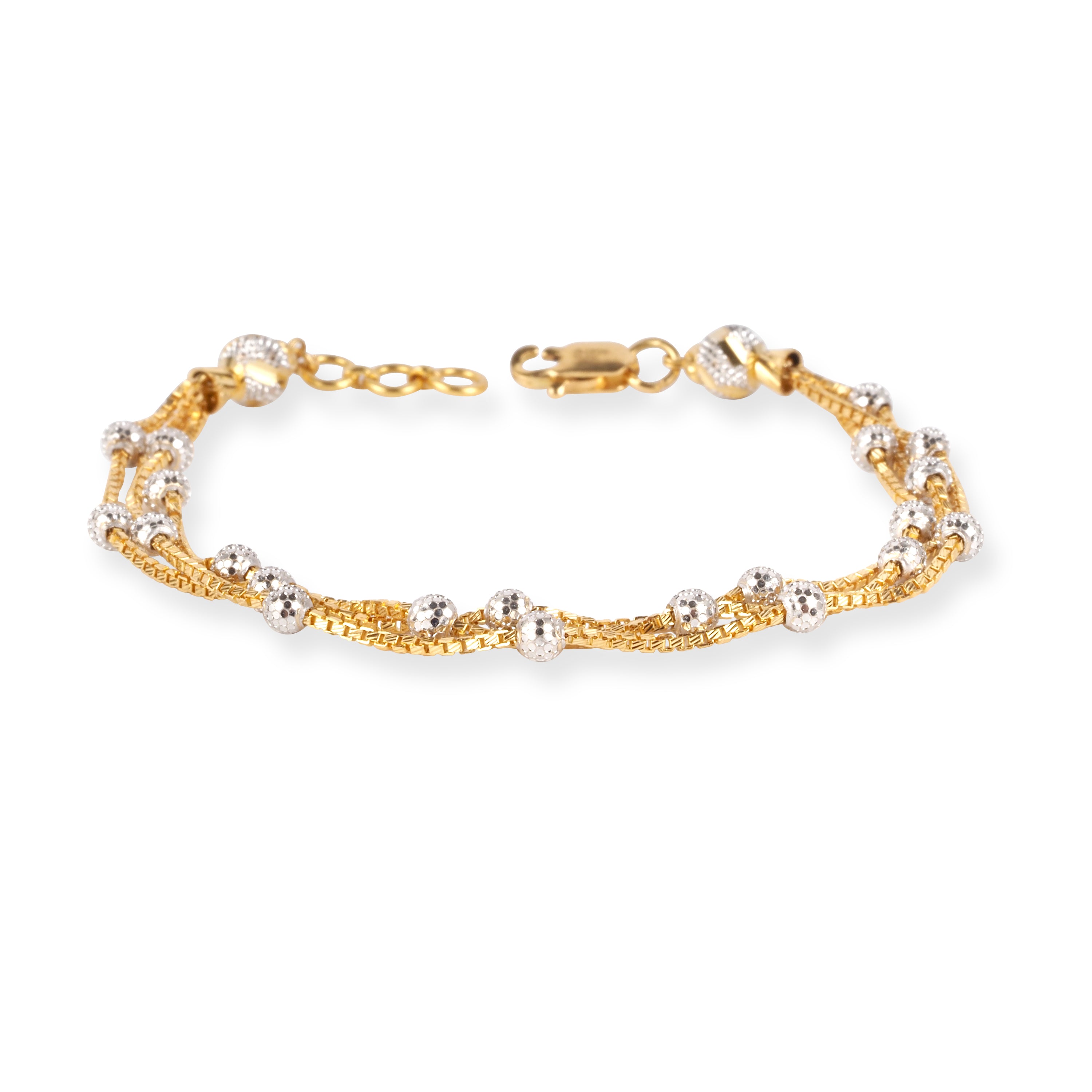 22ct Gold Three Row Bracelet with Rhodium Plated Diamond Cut Beads and Lobster Clasp LBR-8723