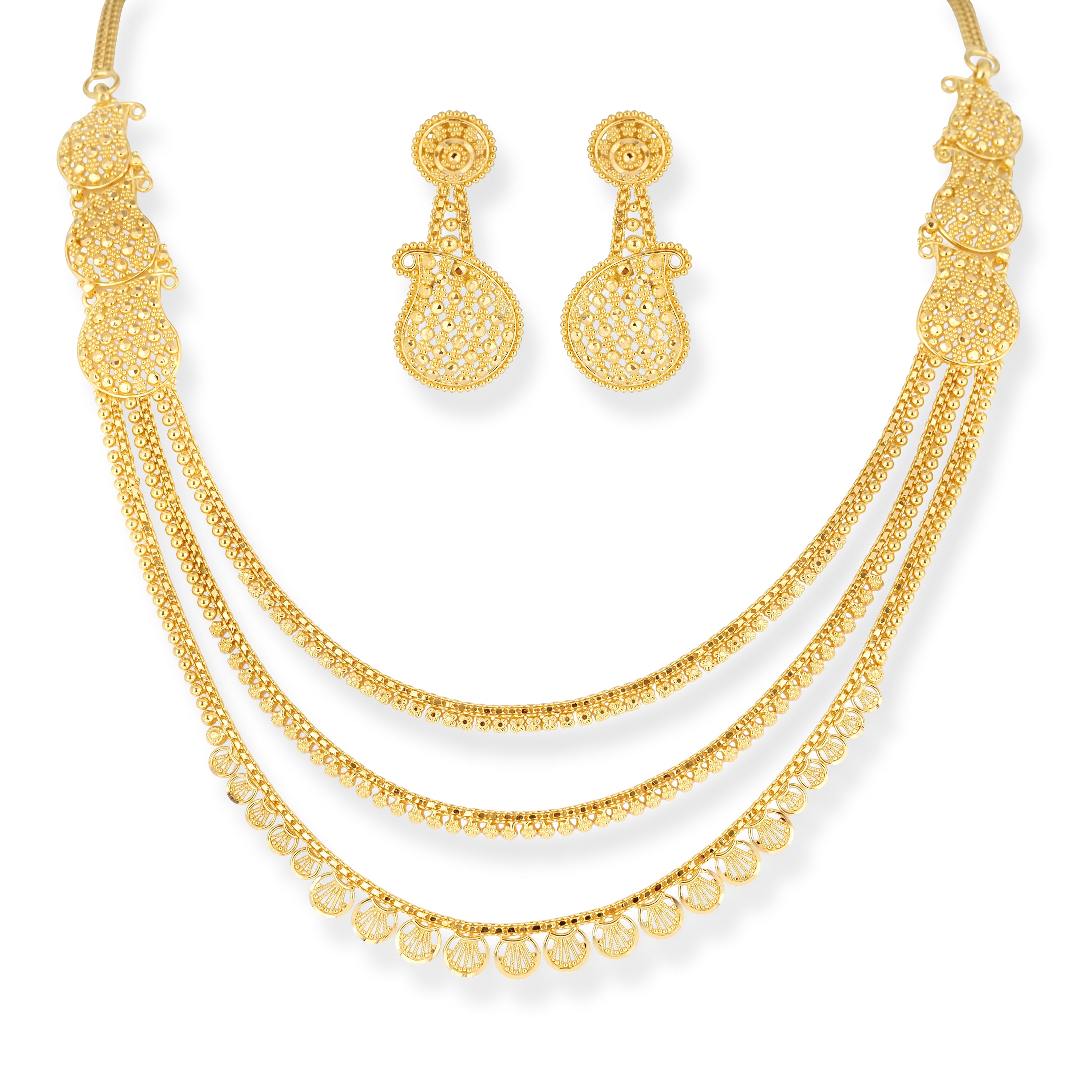 22ct Gold Three-Row Filigree Design Necklace and Drop Earrings Set