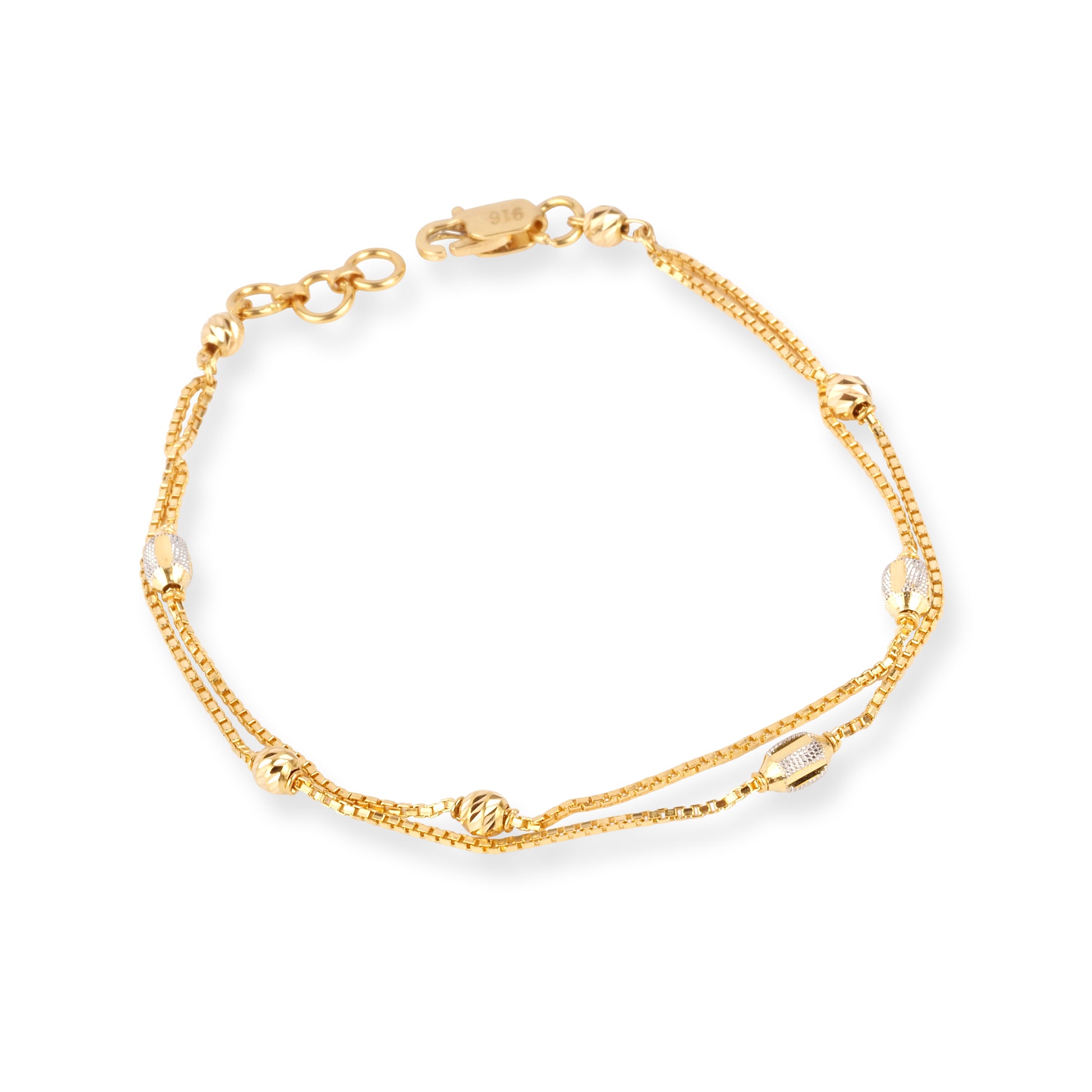 22ct Gold Two Row Bracelet with Plain and Rhodium Plated Diamond Cut Beads and Lobster Clasp LBR-8712 - Minar Jewellers