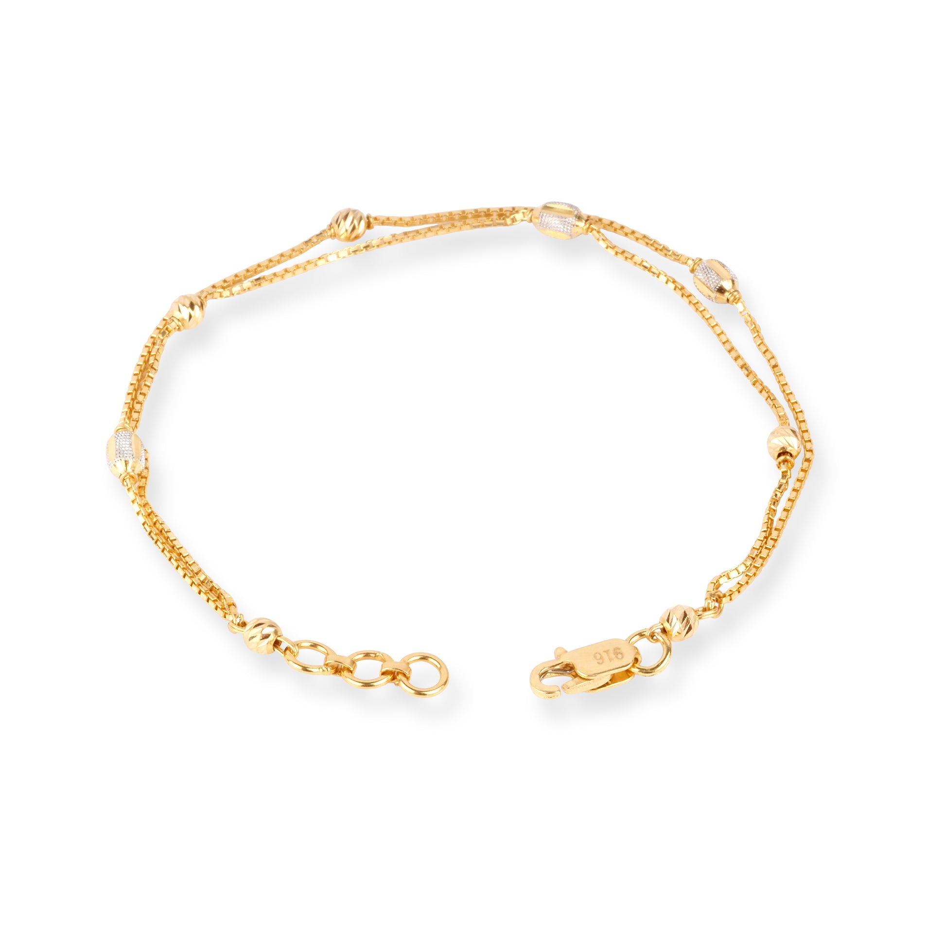 22ct Gold Two Row Bracelet with Plain and Rhodium Plated Diamond Cut Beads and Lobster Clasp LBR-8712 - Minar Jewellers