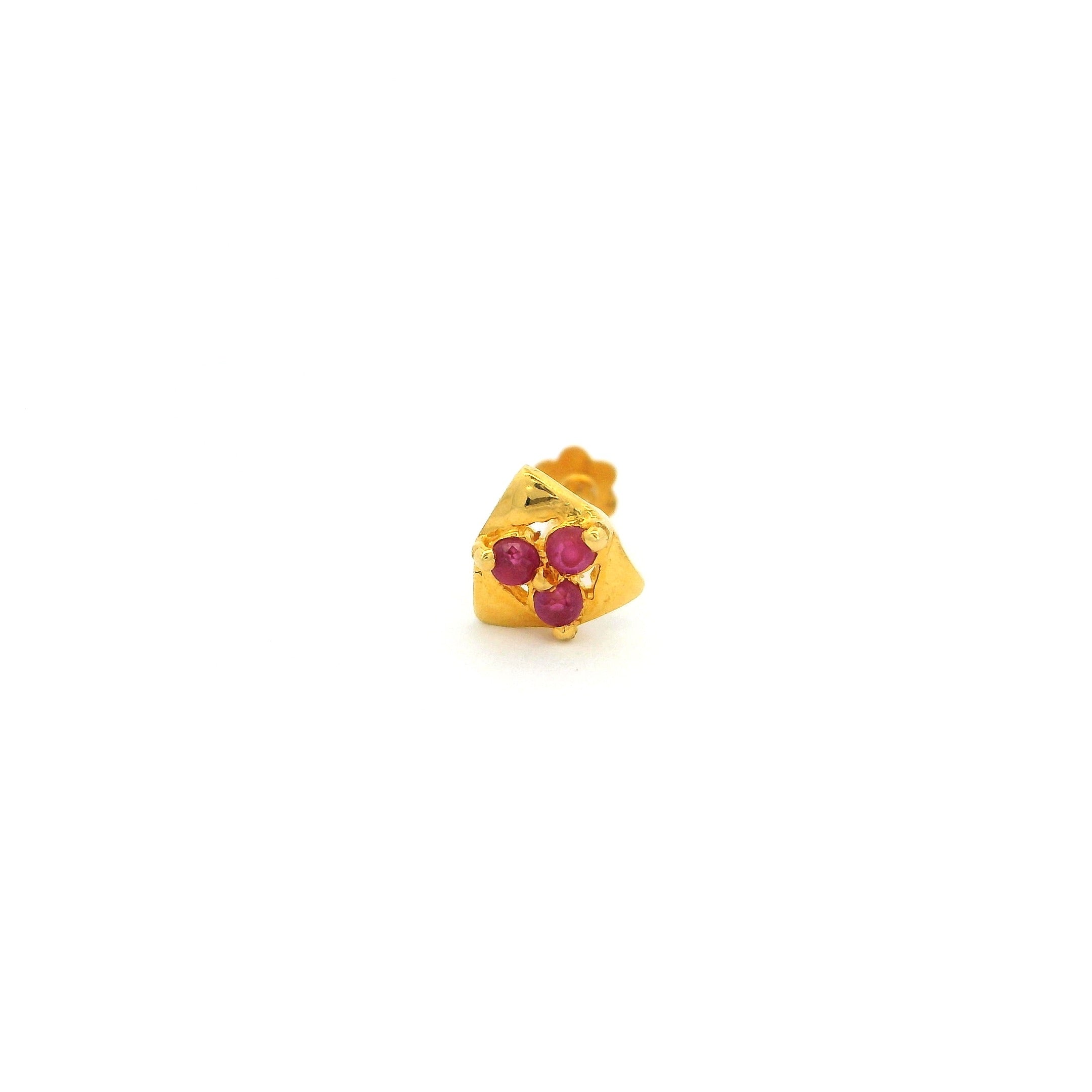 18ct Yellow Gold Screw Back Nose Stud set with three red Cubic Zirconias.