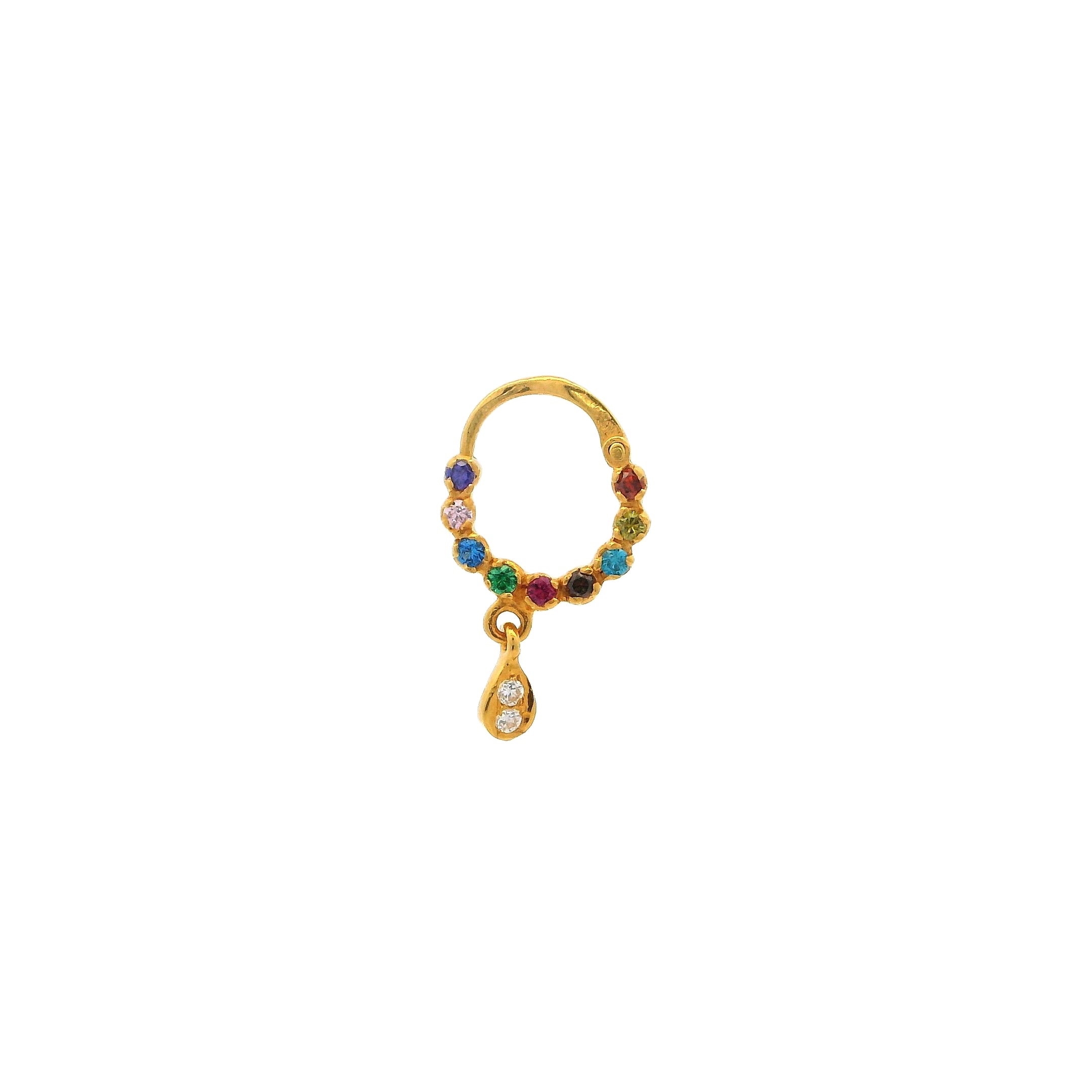 18ct Yellow Gold Nose Ring with Multi-Coloured Cubic Zirconia and Drop