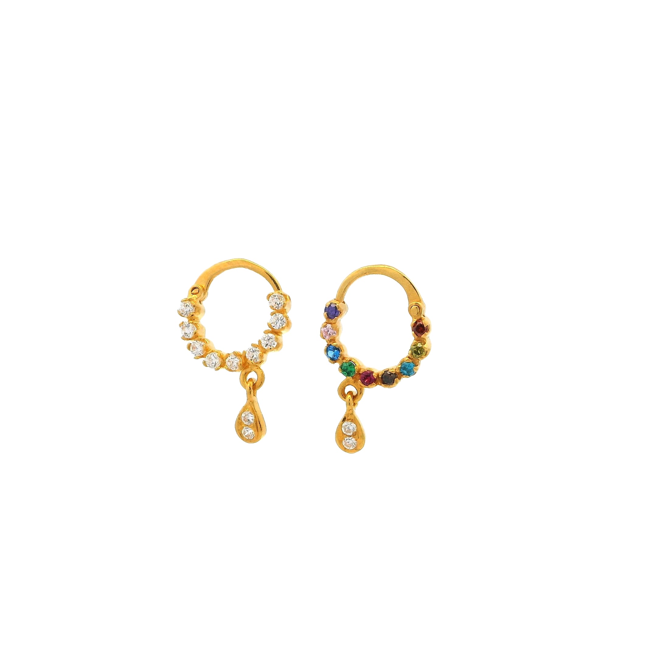 18ct Yellow Gold Nose Ring with Multi-Coloured Cubic Zirconia and Drop