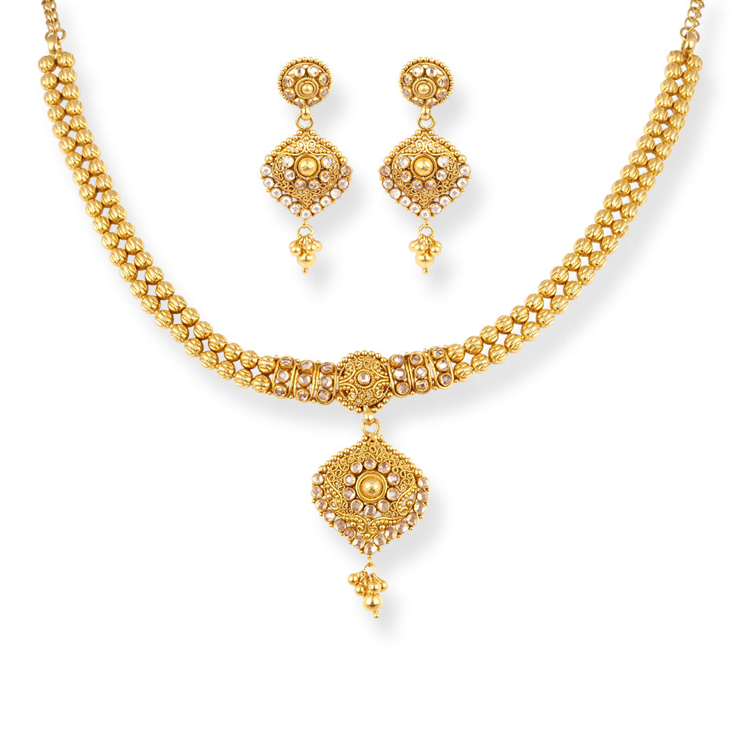 22ct Gold Antiquated Look Design Necklace with Cubic Zirconia Stones & Hook Clasp.